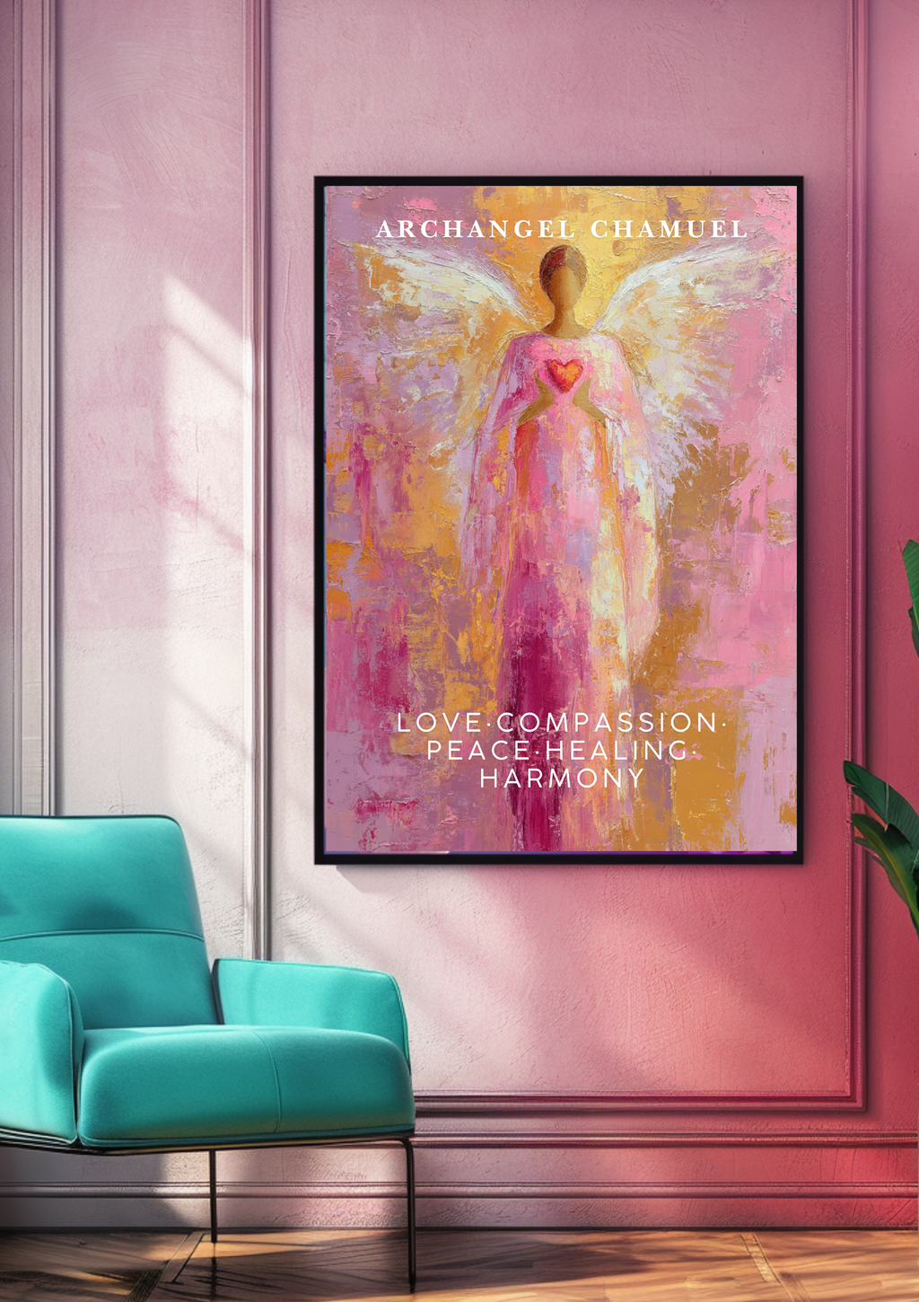 Erzengel Chamuel Poster | Liebe & Mitgefühl | Spirituelle Wanddeko | Rosa Engel Kunstdruck | Heilung Harmonie