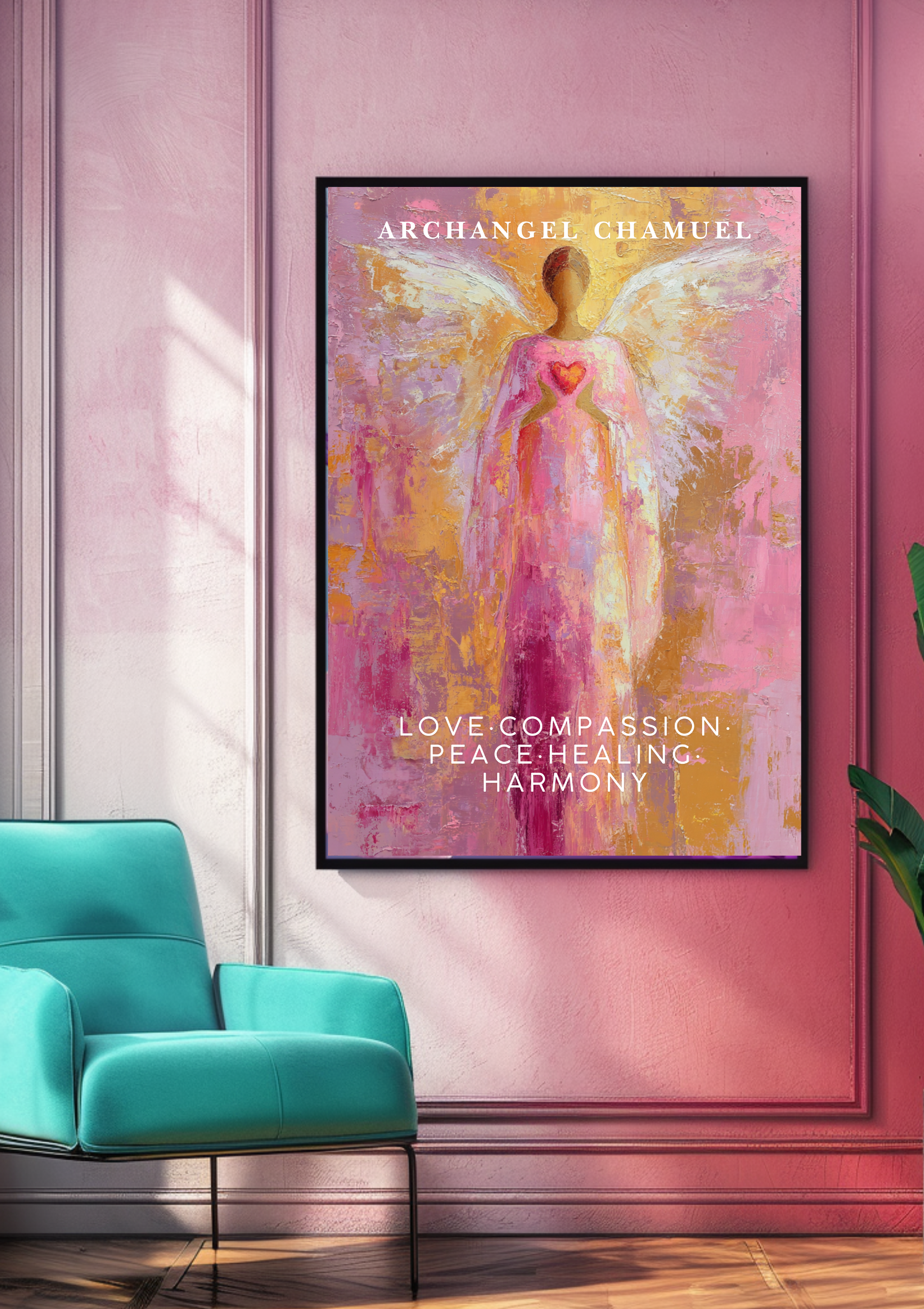 Erzengel Chamuel Poster | Liebe & Mitgefühl | Spirituelle Wanddeko | Rosa Engel Kunstdruck | Heilung Harmonie