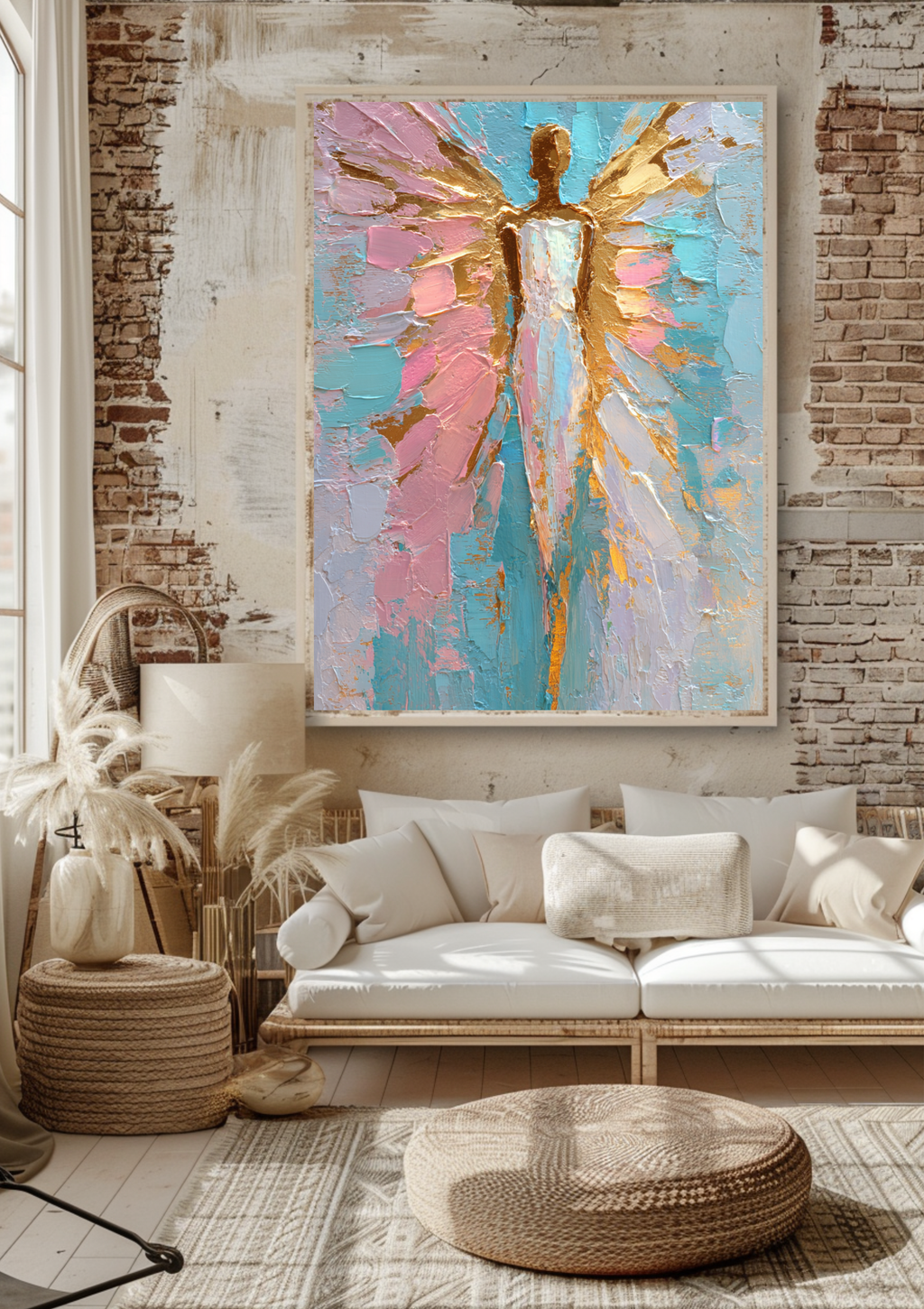 Abstrakte Engel Kunst | Pastellfarben Poster | Moderne Spirituelle Wanddeko | Türkis Rosa Gold | Engel Gemälde. Edle Engelkunst