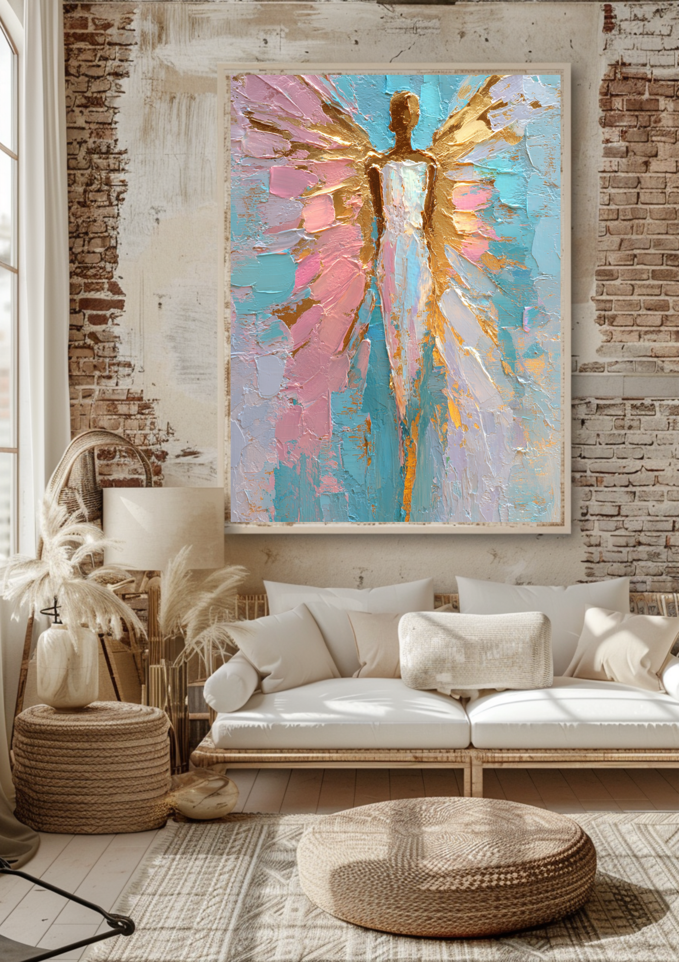 Abstrakte Engel Kunst | Pastellfarben Poster | Moderne Spirituelle Wanddeko | Türkis Rosa Gold | Engel Gemälde. Edle Engelkunst