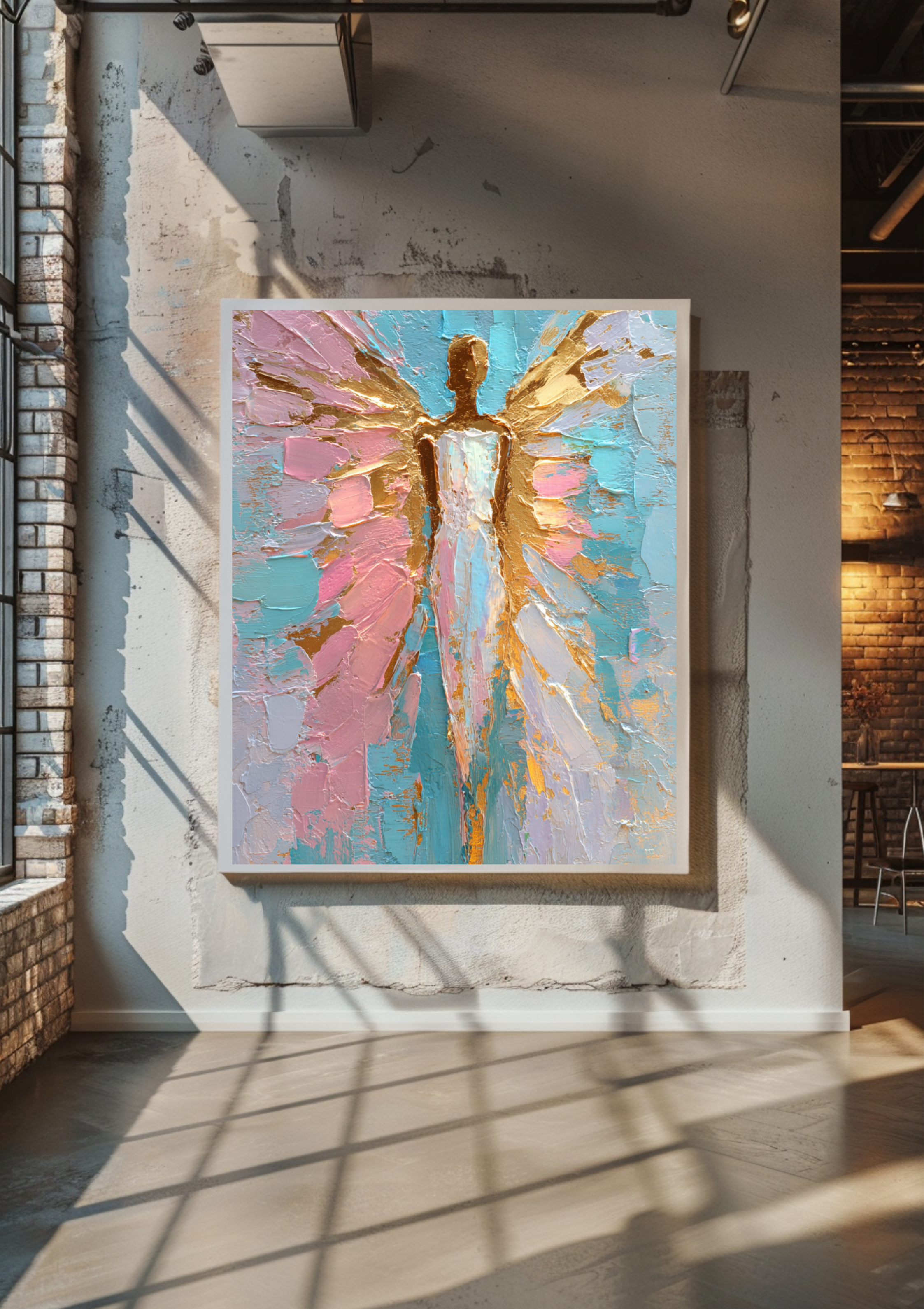 Abstrakte Engel Kunst | Pastellfarben Poster | Moderne Spirituelle Wanddeko | Türkis Rosa Gold | Engel Gemälde. Edle Engelkunst