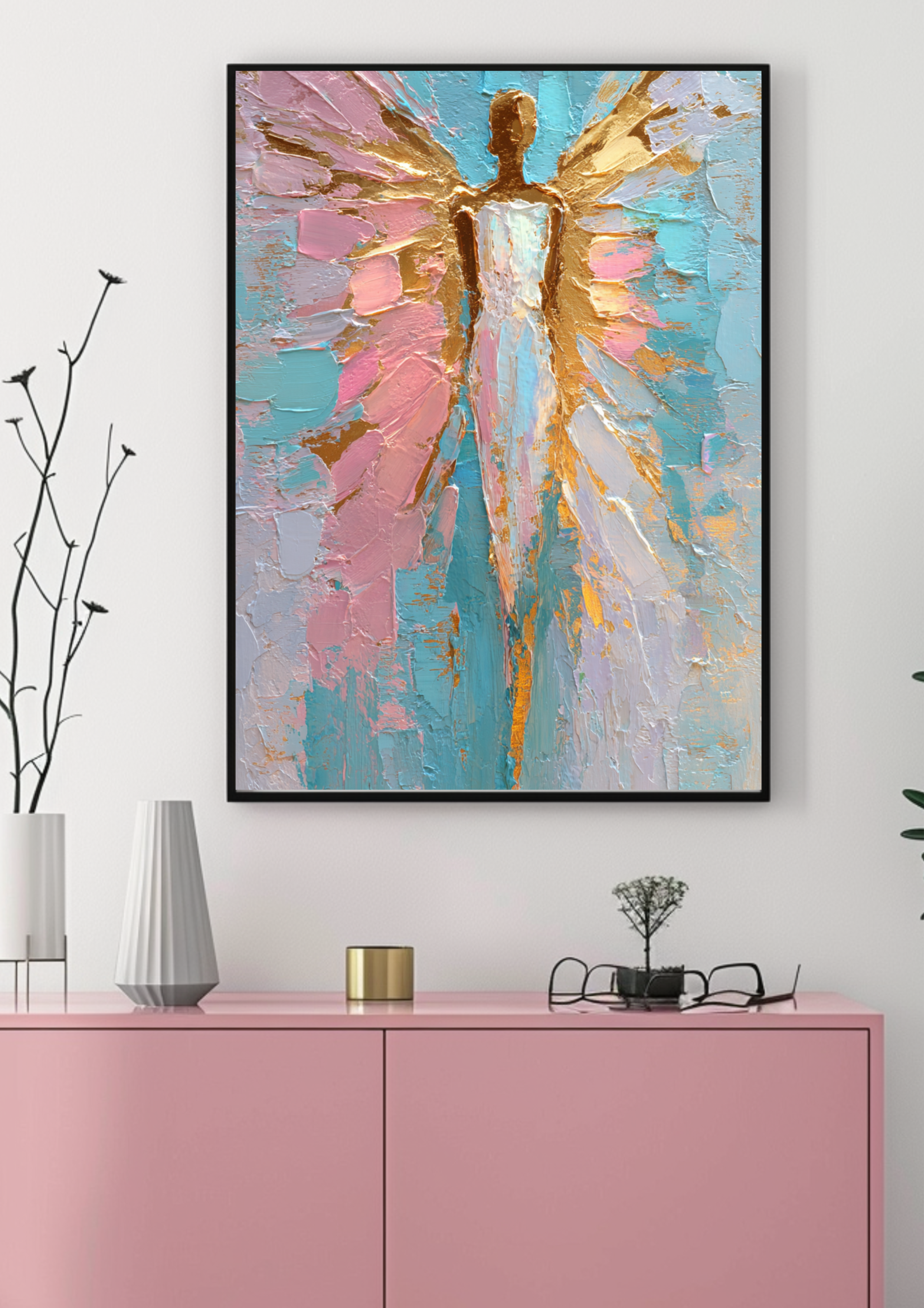 Abstrakte Engel Kunst | Pastellfarben Poster | Moderne Spirituelle Wanddeko | Türkis Rosa Gold | Engel Gemälde. Edle Engelkunst