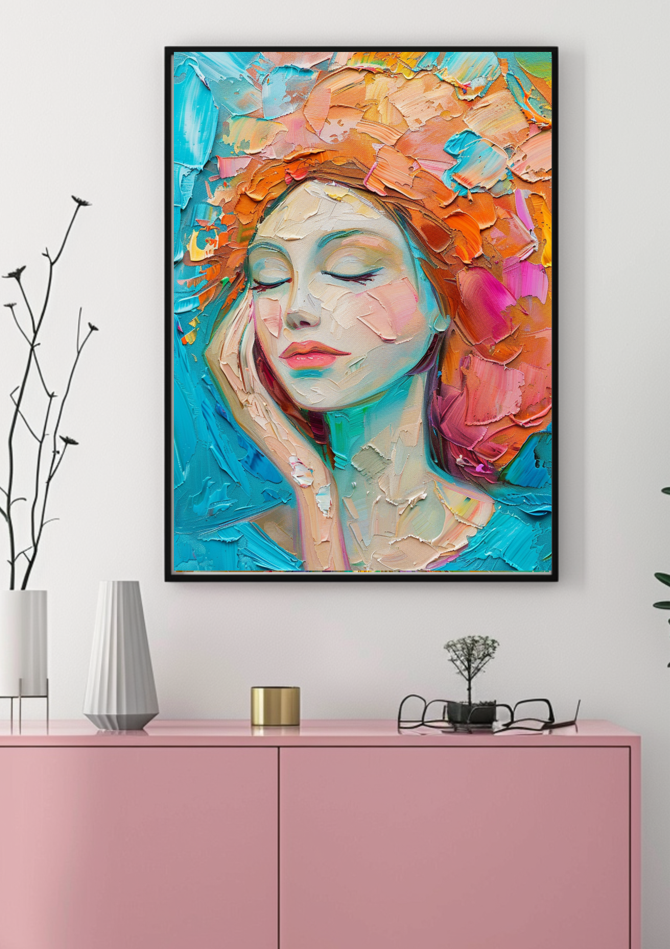 Abstrakte Frau Kunst | Türkis Orange Blumen | Moderne Wanddeko | Feminines Portrait | Bunte Gesicht Gemälde