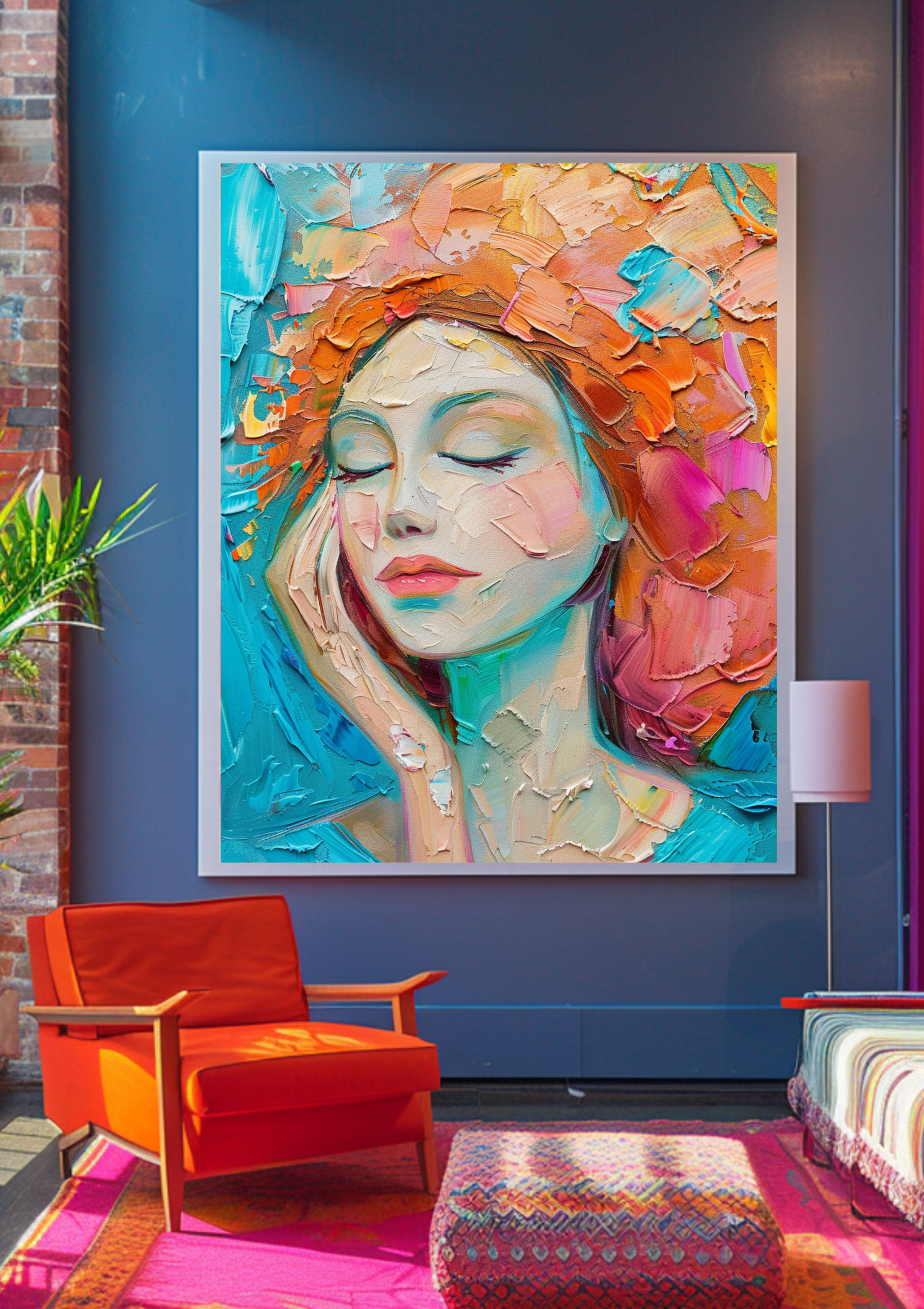 Abstrakte Frau Kunst | Türkis Orange Blumen | Moderne Wanddeko | Feminines Portrait | Bunte Gesicht Gemälde