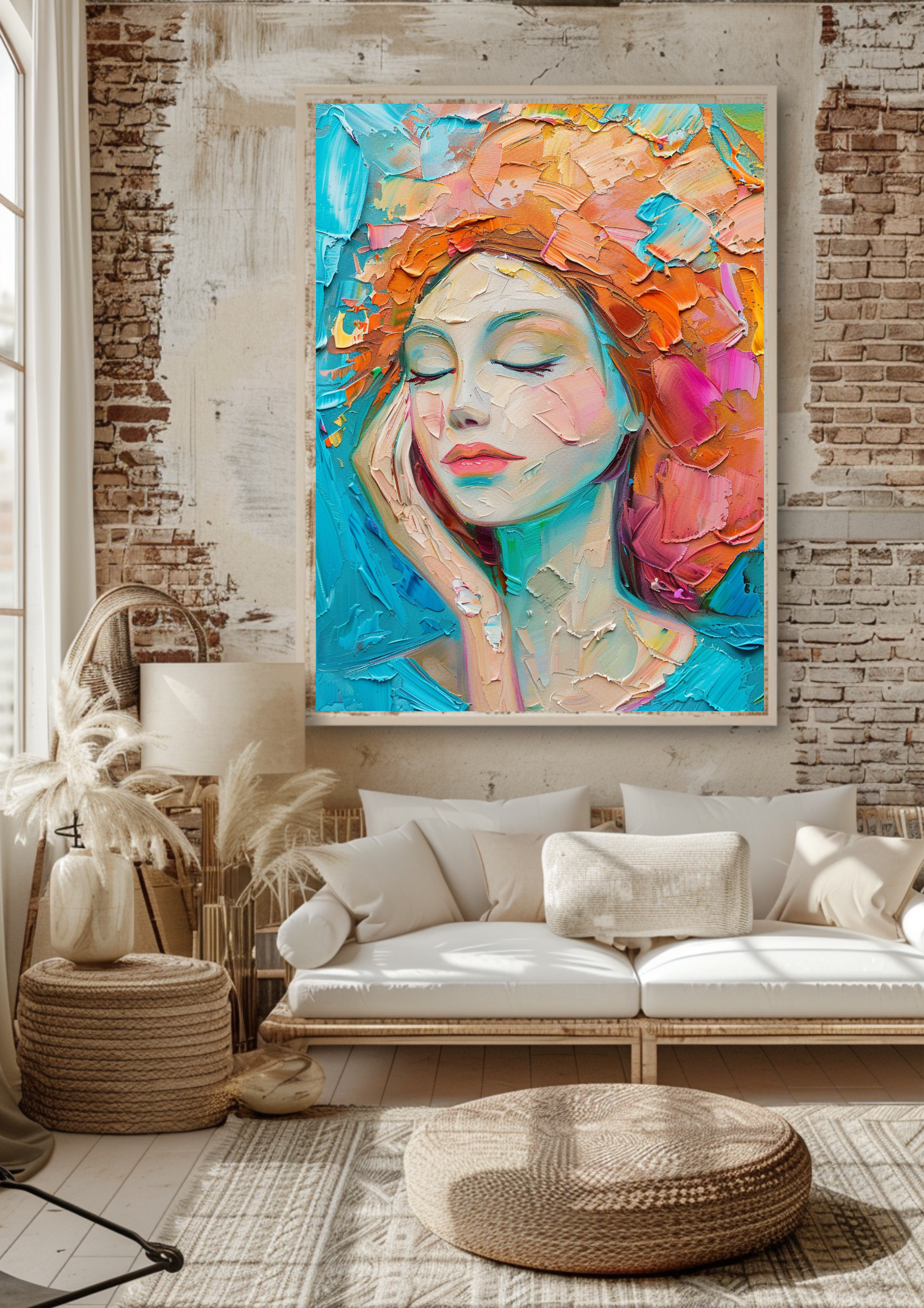 Abstrakte Frau Kunst | Türkis Orange Blumen | Moderne Wanddeko | Feminines Portrait | Bunte Gesicht Gemälde