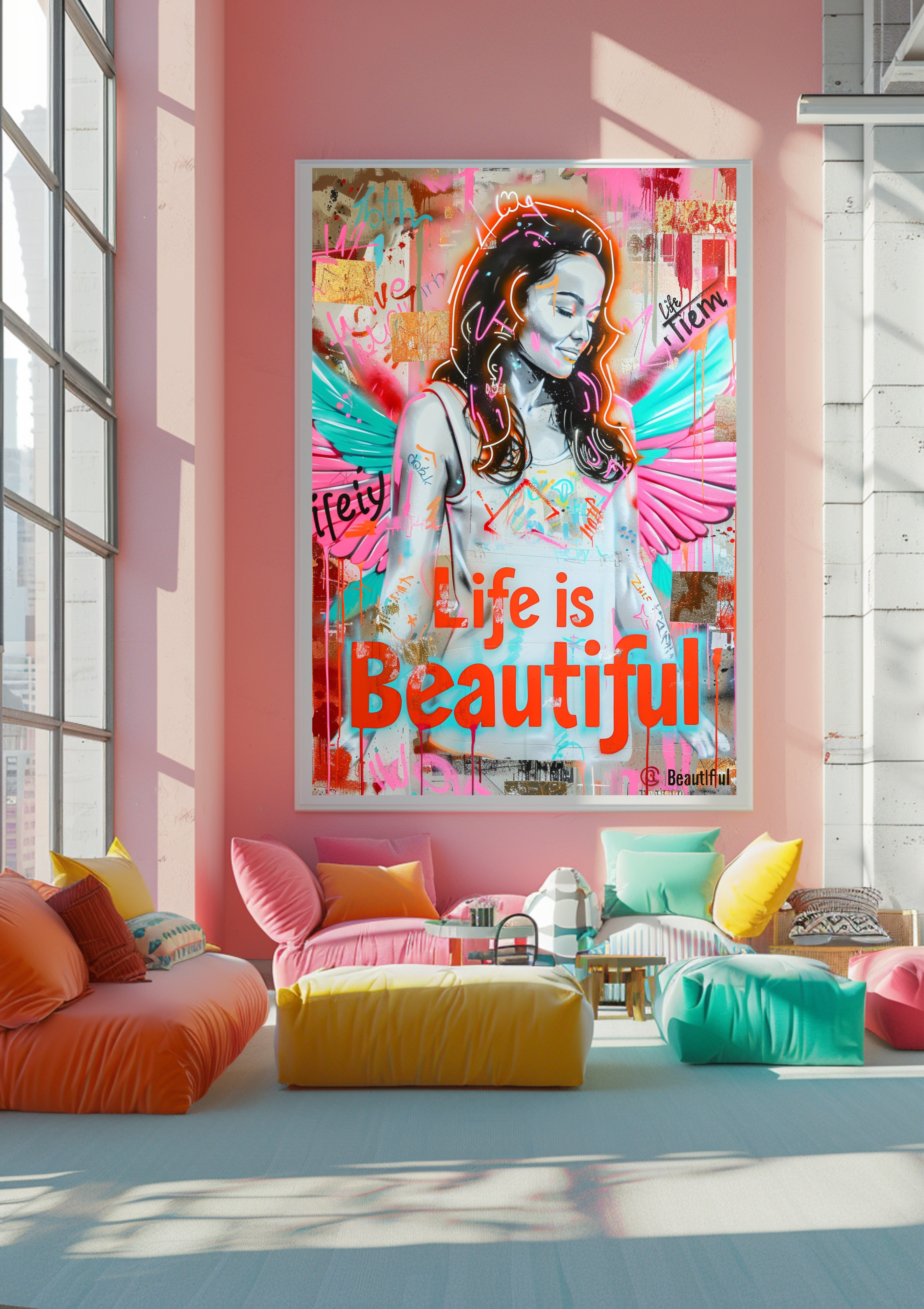 Pop Art Engel Poster | Life is Beautiful | Urban Street Art | Bunte Wanddeko | Moderne Flügel Kunst | Hip Hop Style