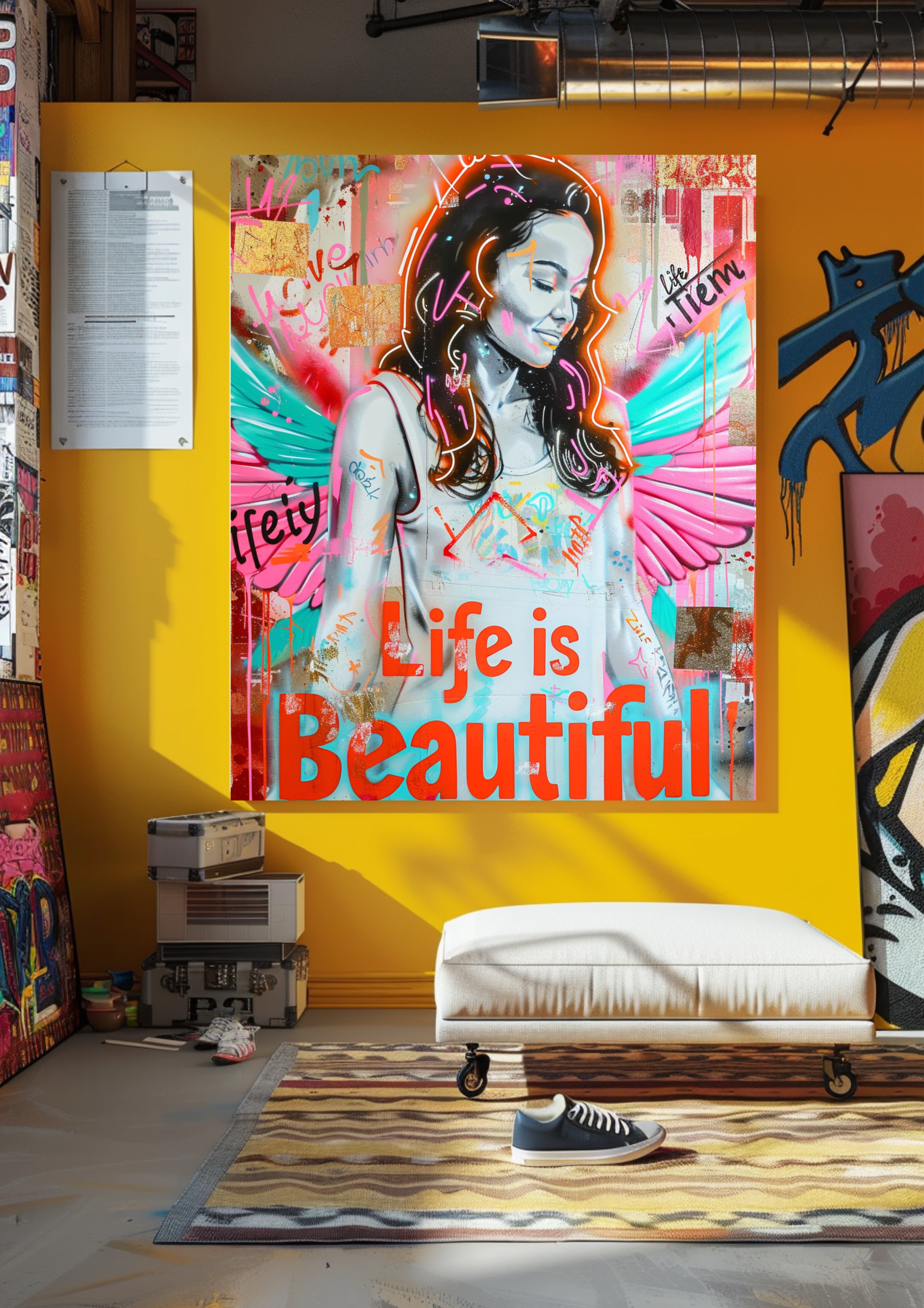 Pop Art Engel Poster | Life is Beautiful | Urban Street Art | Bunte Wanddeko | Moderne Flügel Kunst | Hip Hop Style