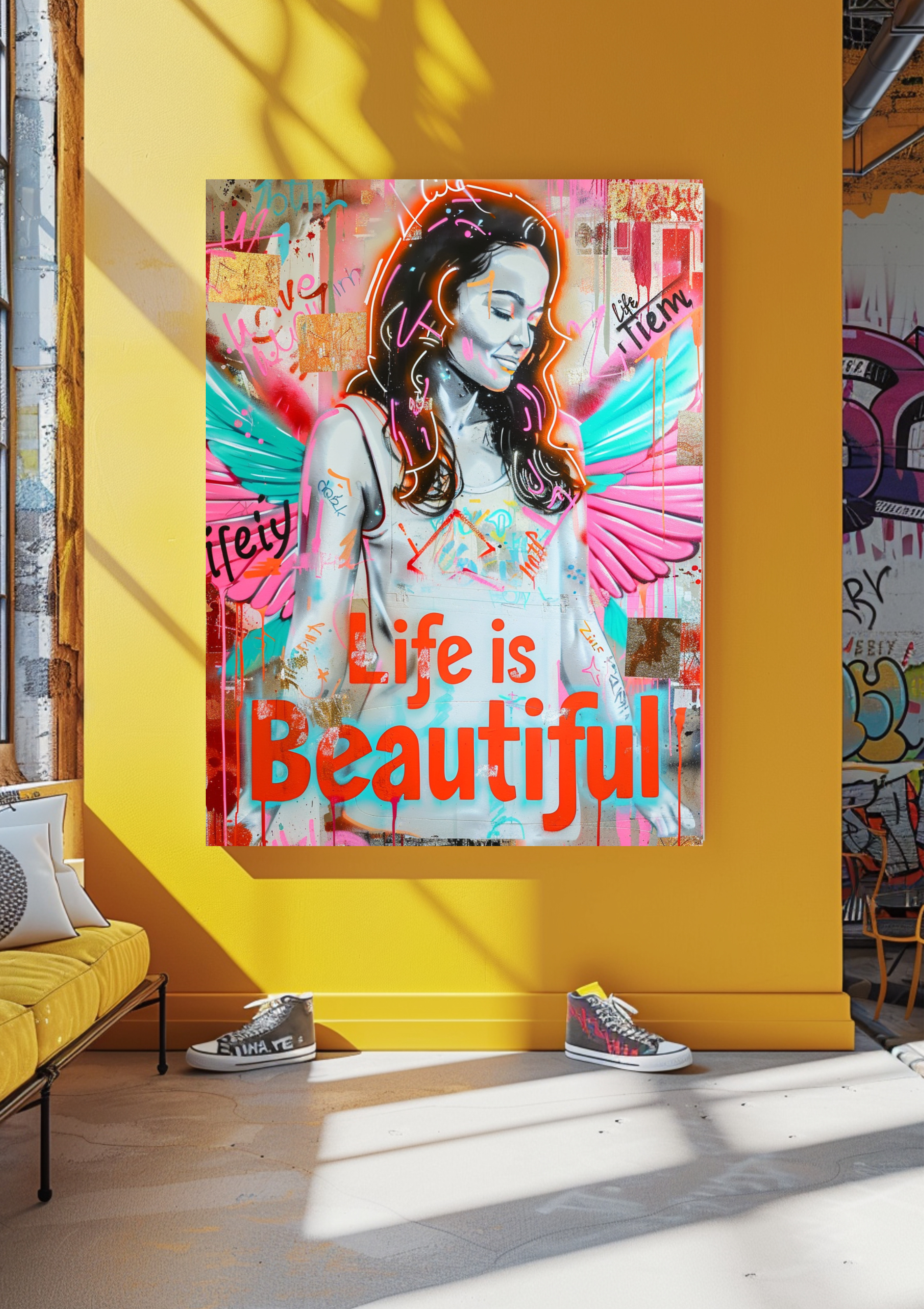 Pop Art Engel Poster | Life is Beautiful | Urban Street Art | Bunte Wanddeko | Moderne Flügel Kunst | Hip Hop Style