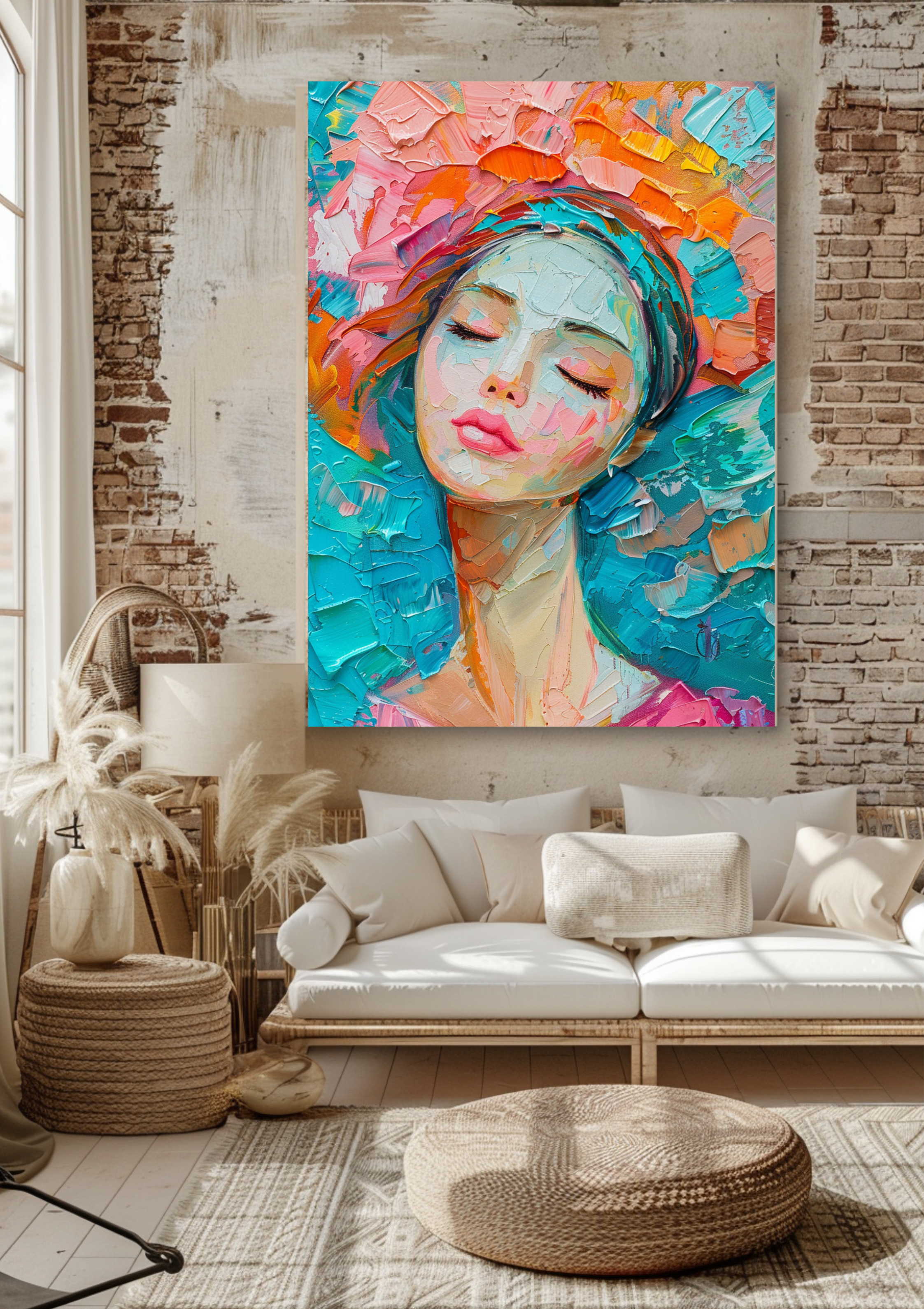 Abstrakte Frau Kunst | Türkis Orange Blumen | Moderne Wanddeko | Feminines Portrait | Bunte Gesicht Gemälde