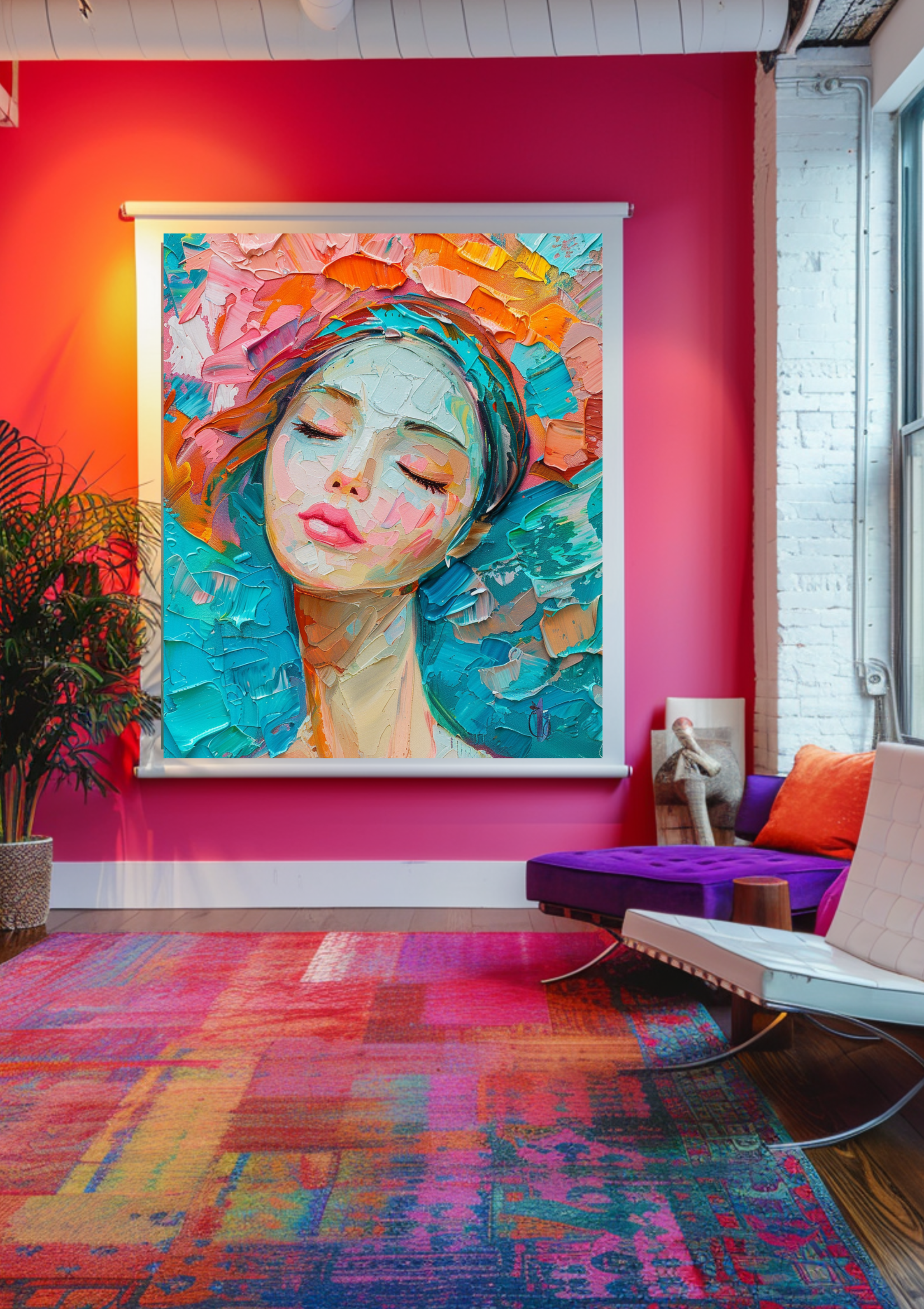 Abstrakte Frau Kunst | Türkis Orange Blumen | Moderne Wanddeko | Feminines Portrait | Bunte Gesicht Gemälde