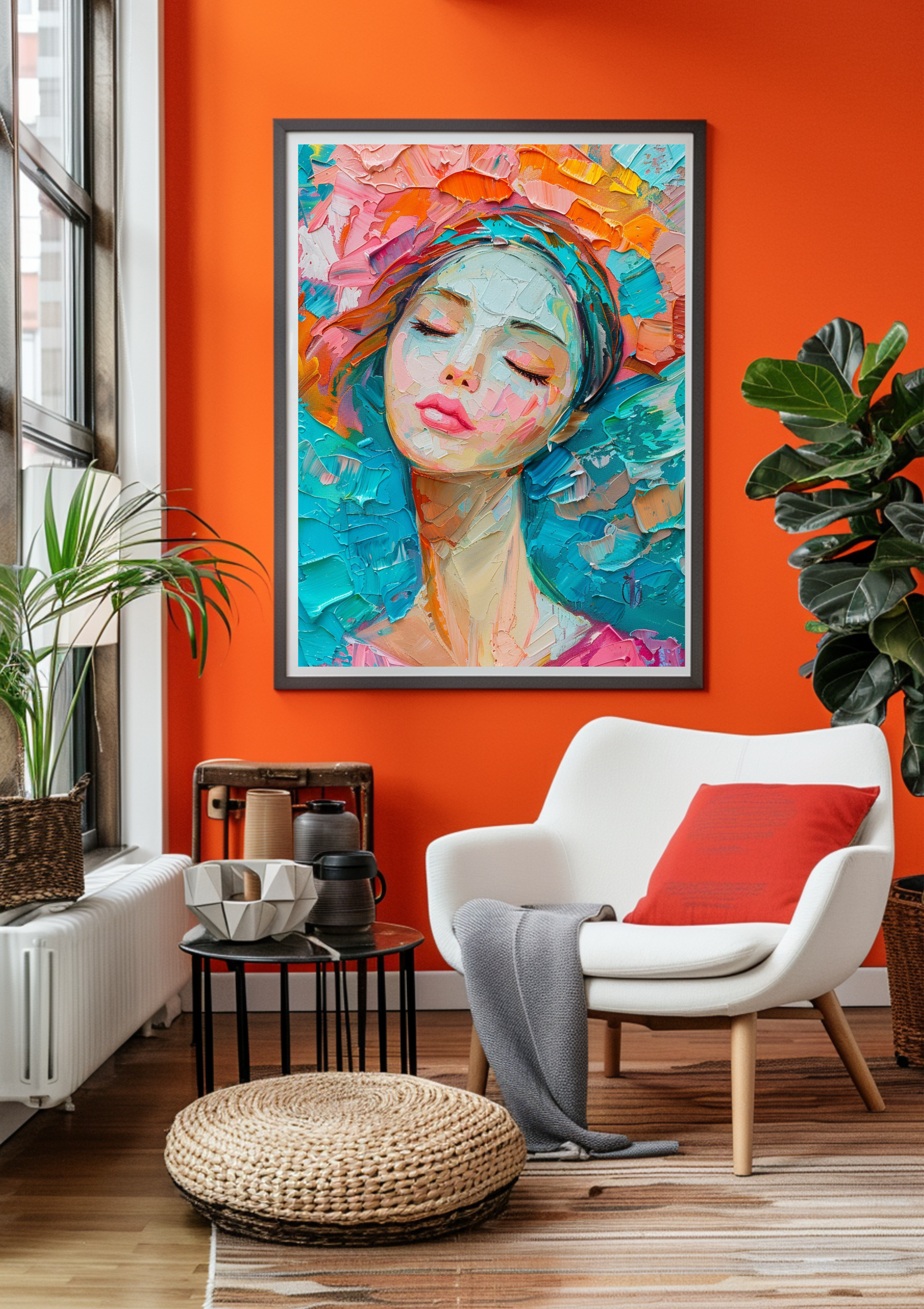 Abstrakte Frau Kunst | Türkis Orange Blumen | Moderne Wanddeko | Feminines Portrait | Bunte Gesicht Gemälde