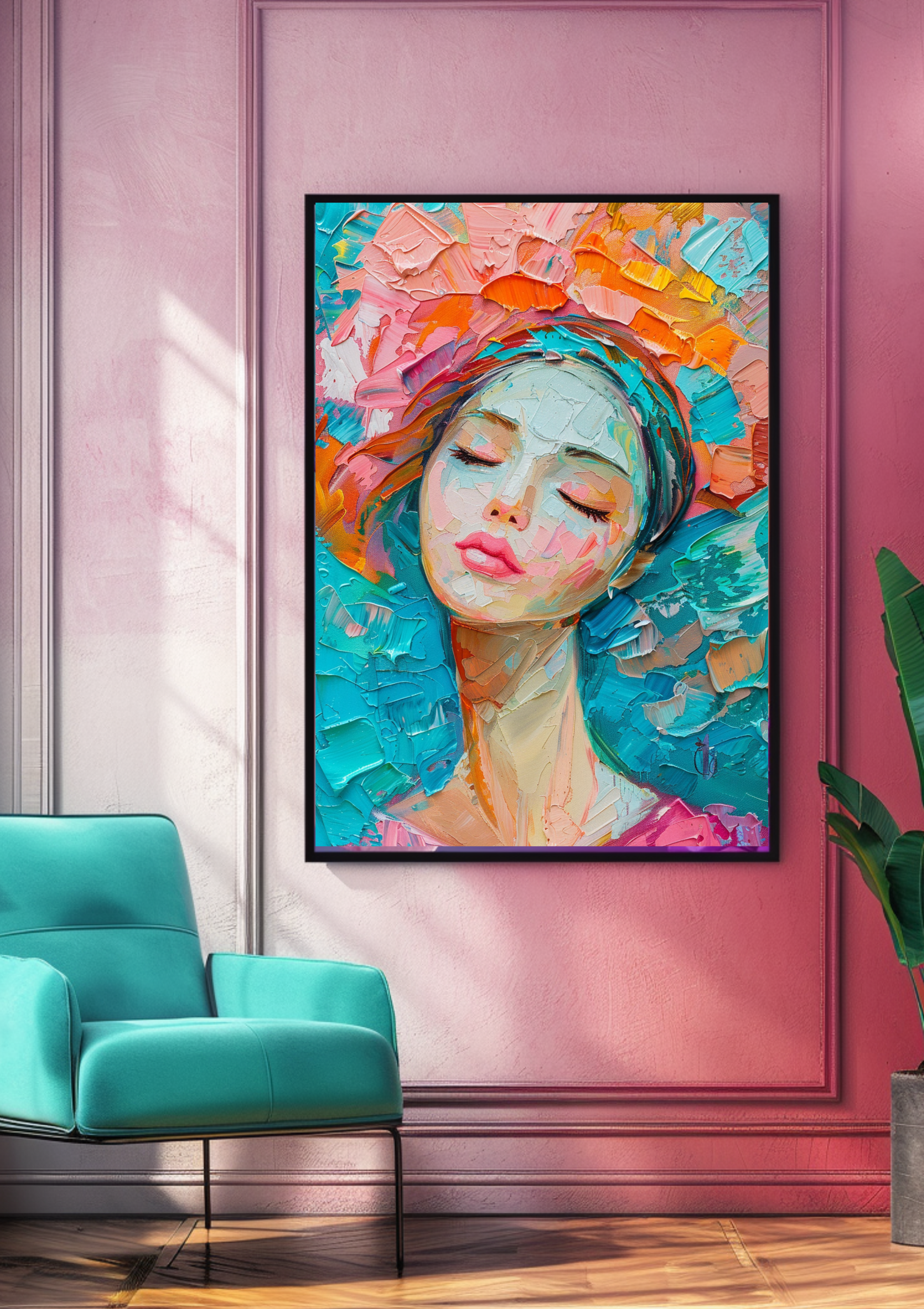 Abstrakte Frau Kunst | Türkis Orange Blumen | Moderne Wanddeko | Feminines Portrait | Bunte Gesicht Gemälde