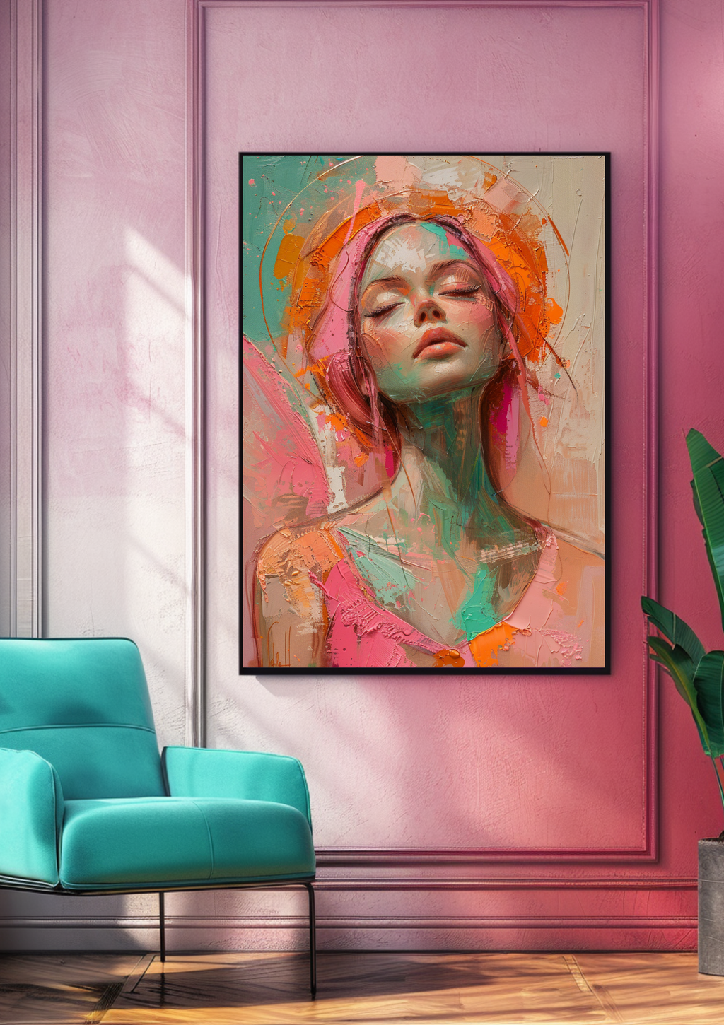 Abstrakte Frau Aquarell | Türkis Orange Pink | Moderne Wandkunst | Feminine Portrait | Pastellfarben Gemälde