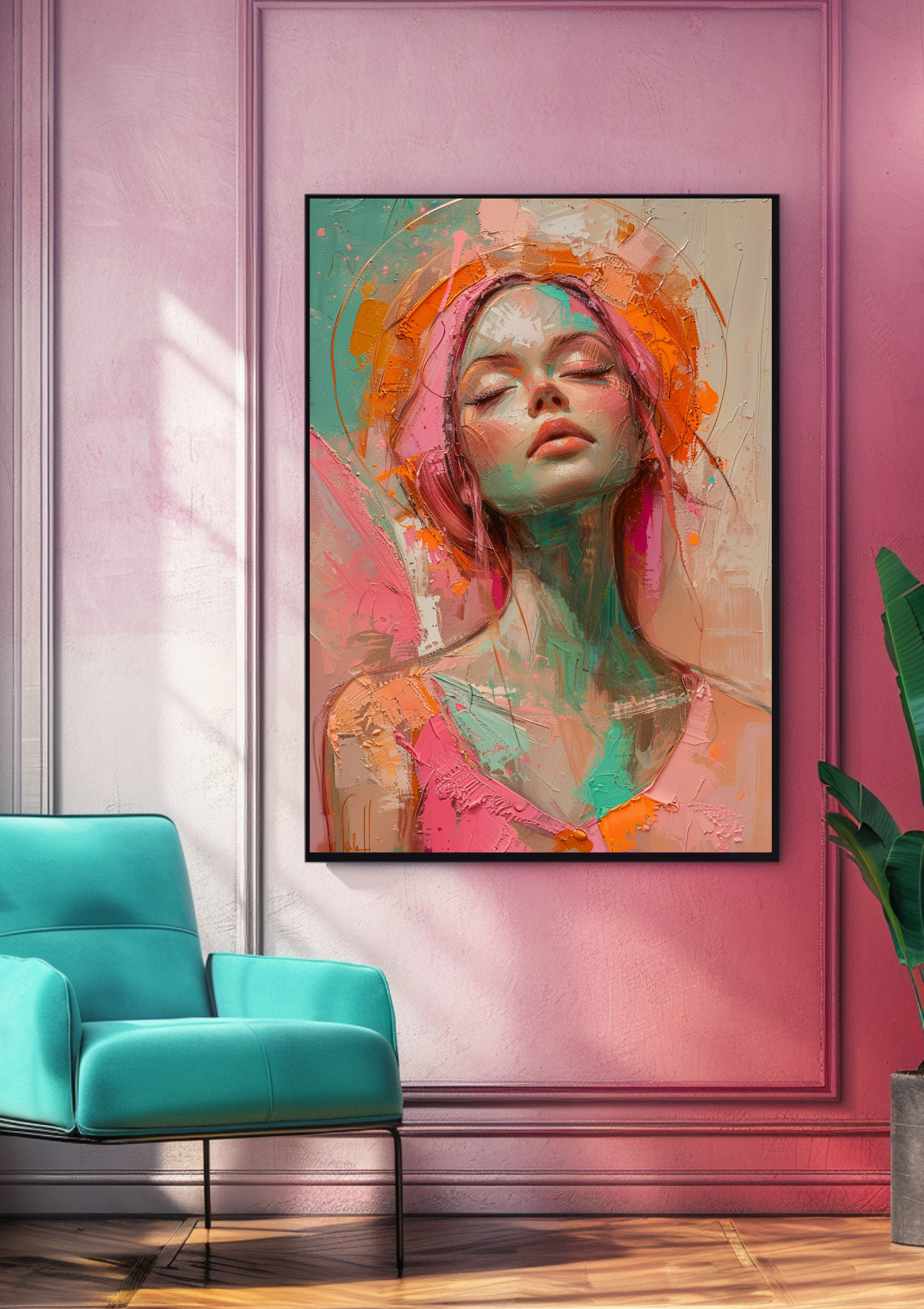 Abstrakte Frau Aquarell | Türkis Orange Pink | Moderne Wandkunst | Feminine Portrait | Pastellfarben Gemälde