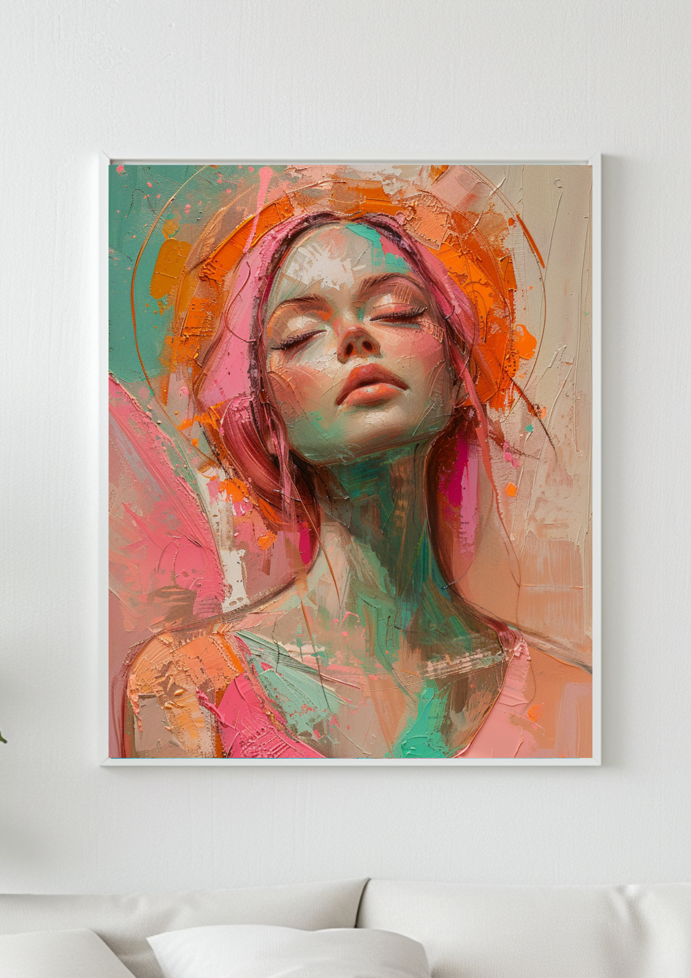 Abstrakte Frau Aquarell | Türkis Orange Pink | Moderne Wandkunst | Feminine Portrait | Pastellfarben Gemälde