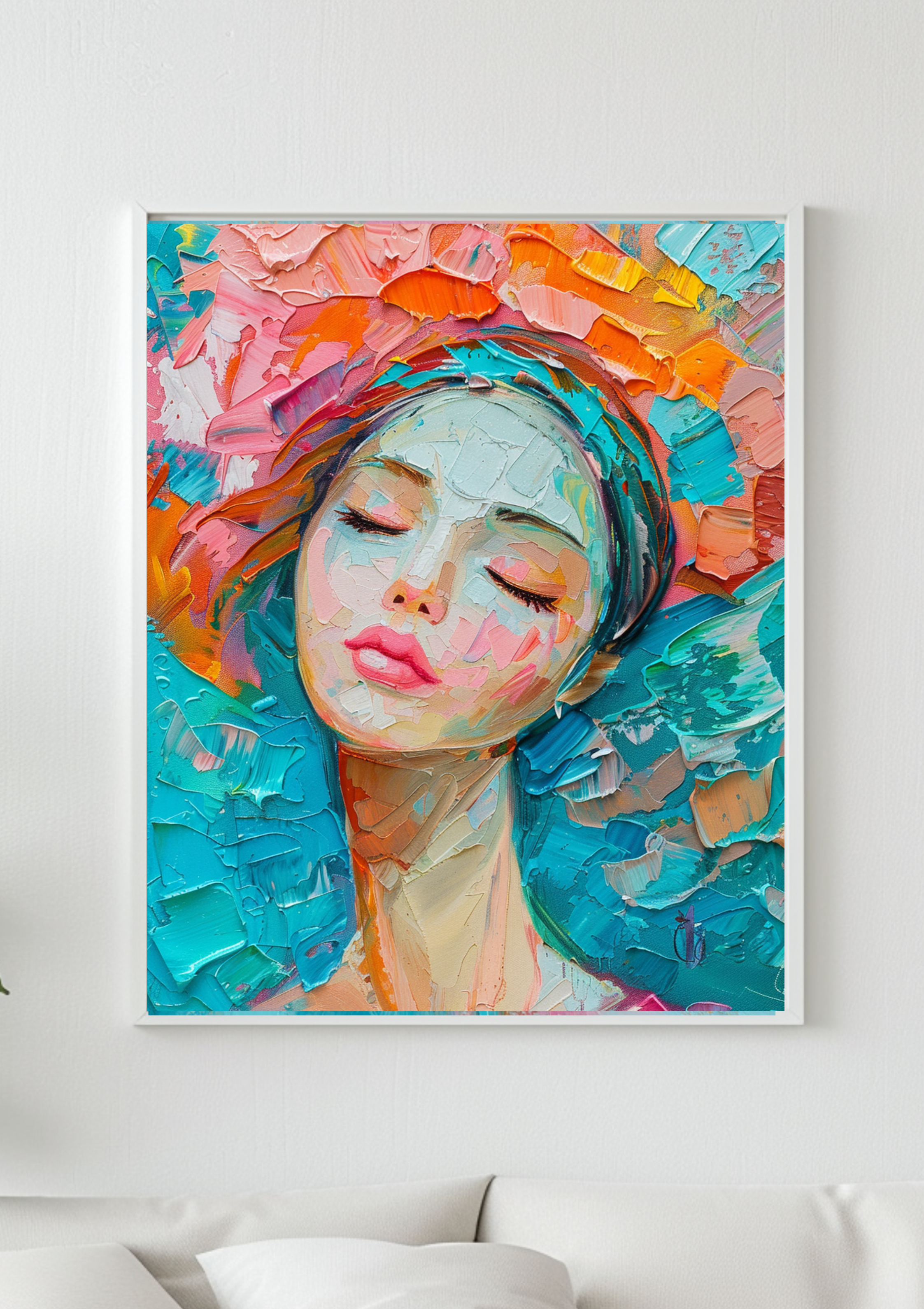 Abstrakte Frau Kunst | Türkis Orange Blumen | Moderne Wanddeko | Feminines Portrait | Bunte Gesicht Gemälde