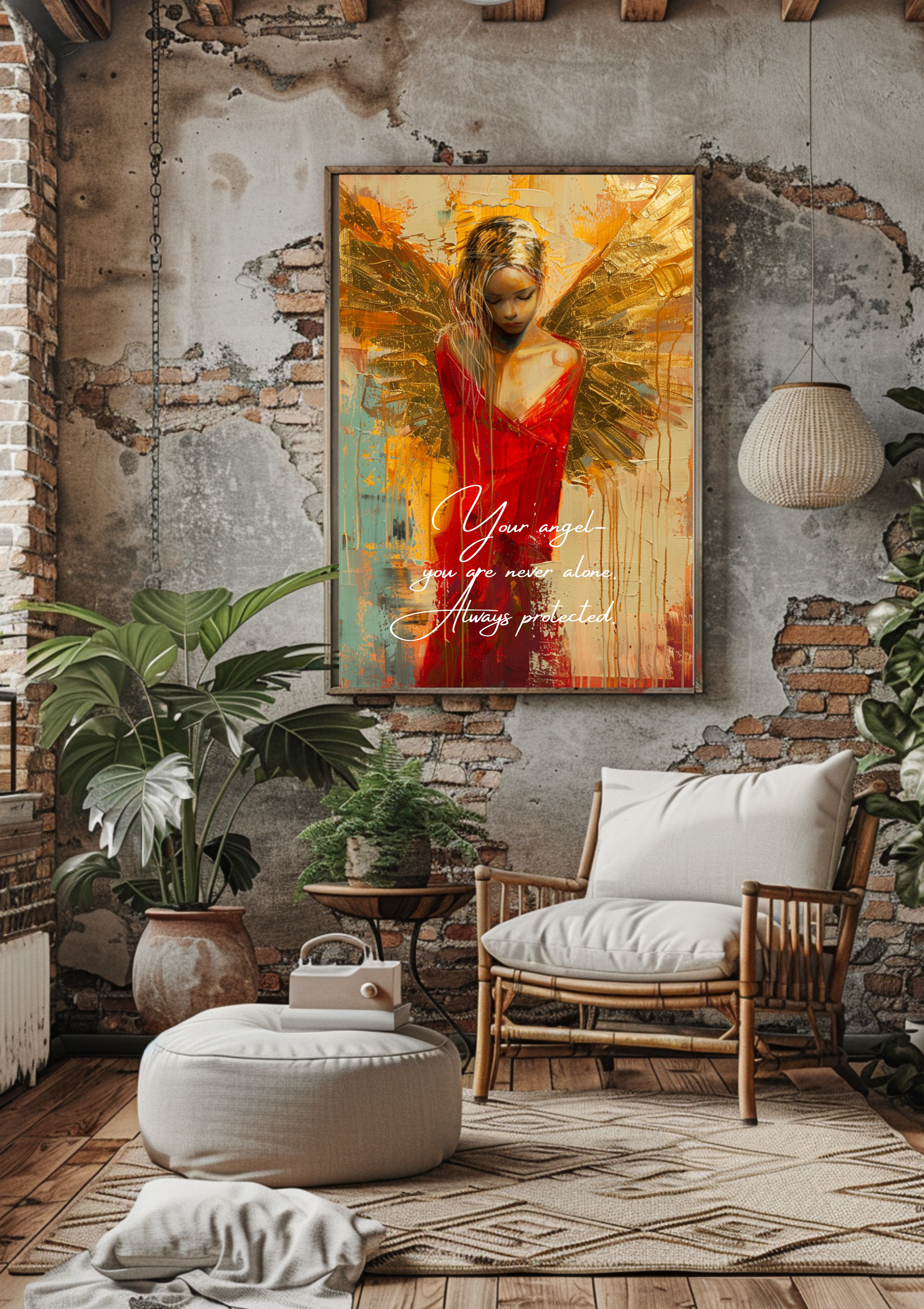 Goldener Engel Leinwandbild | Premium Canvas Wandkunst | Vintage Engel in Rot & Gold | Spirituelle Leinwand
