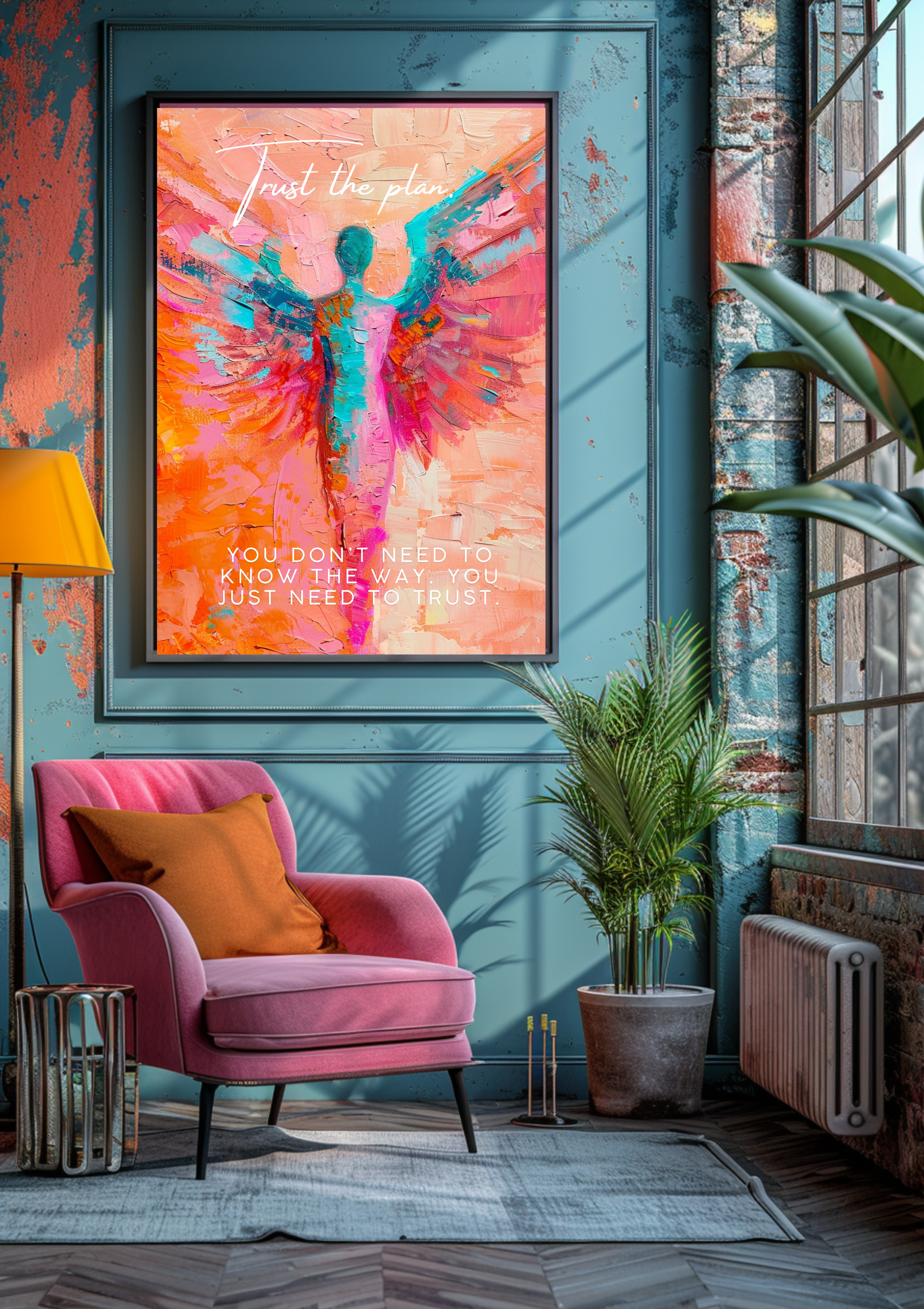 Trust The Plan Engel Poster | Bunte Motivations Wanddeko | Spirituelle Pop Art | Inspirierende Engel Kunst