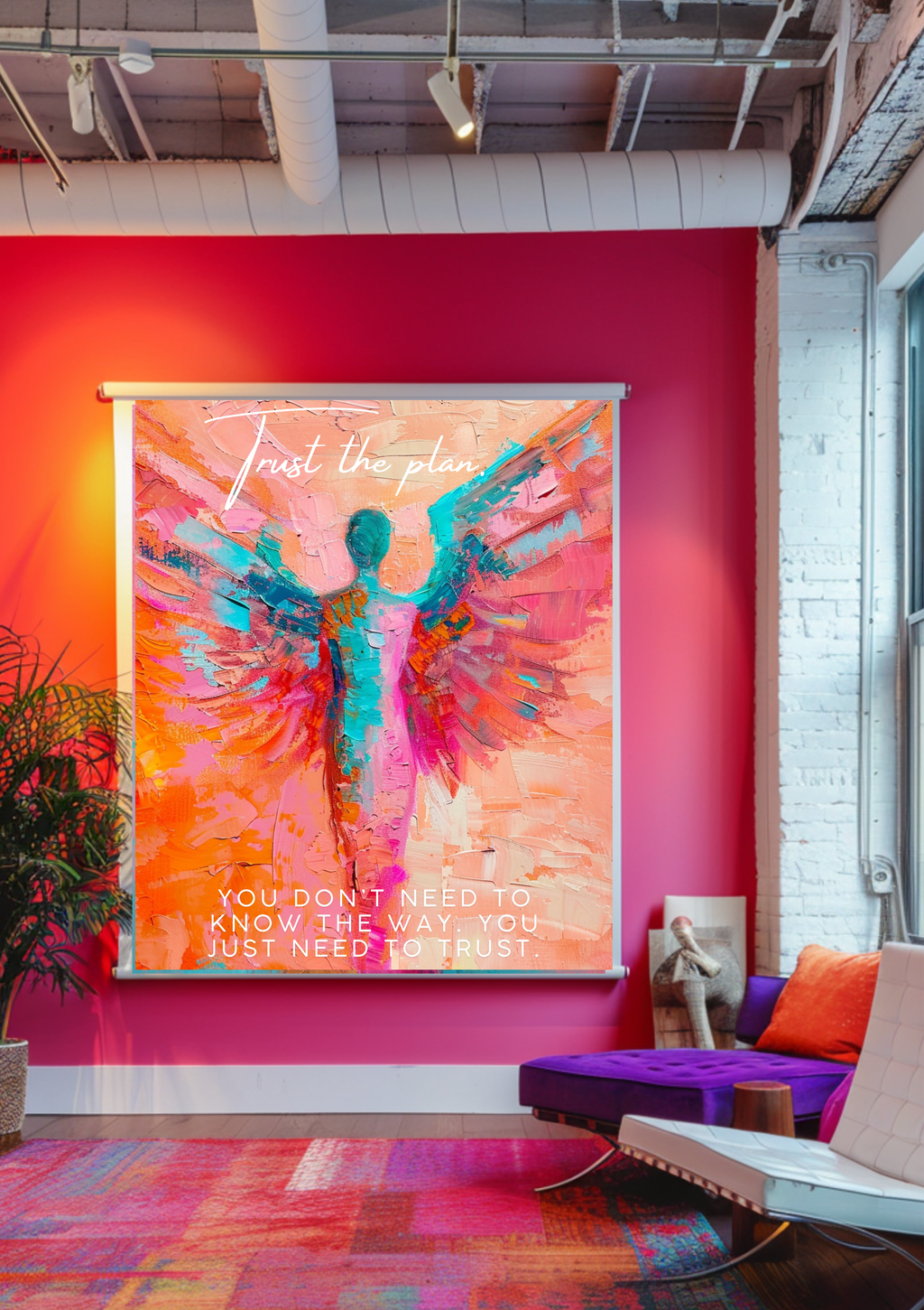 Trust The Plan Engel Poster | Bunte Motivations Wanddeko | Spirituelle Pop Art | Inspirierende Engel Kunst