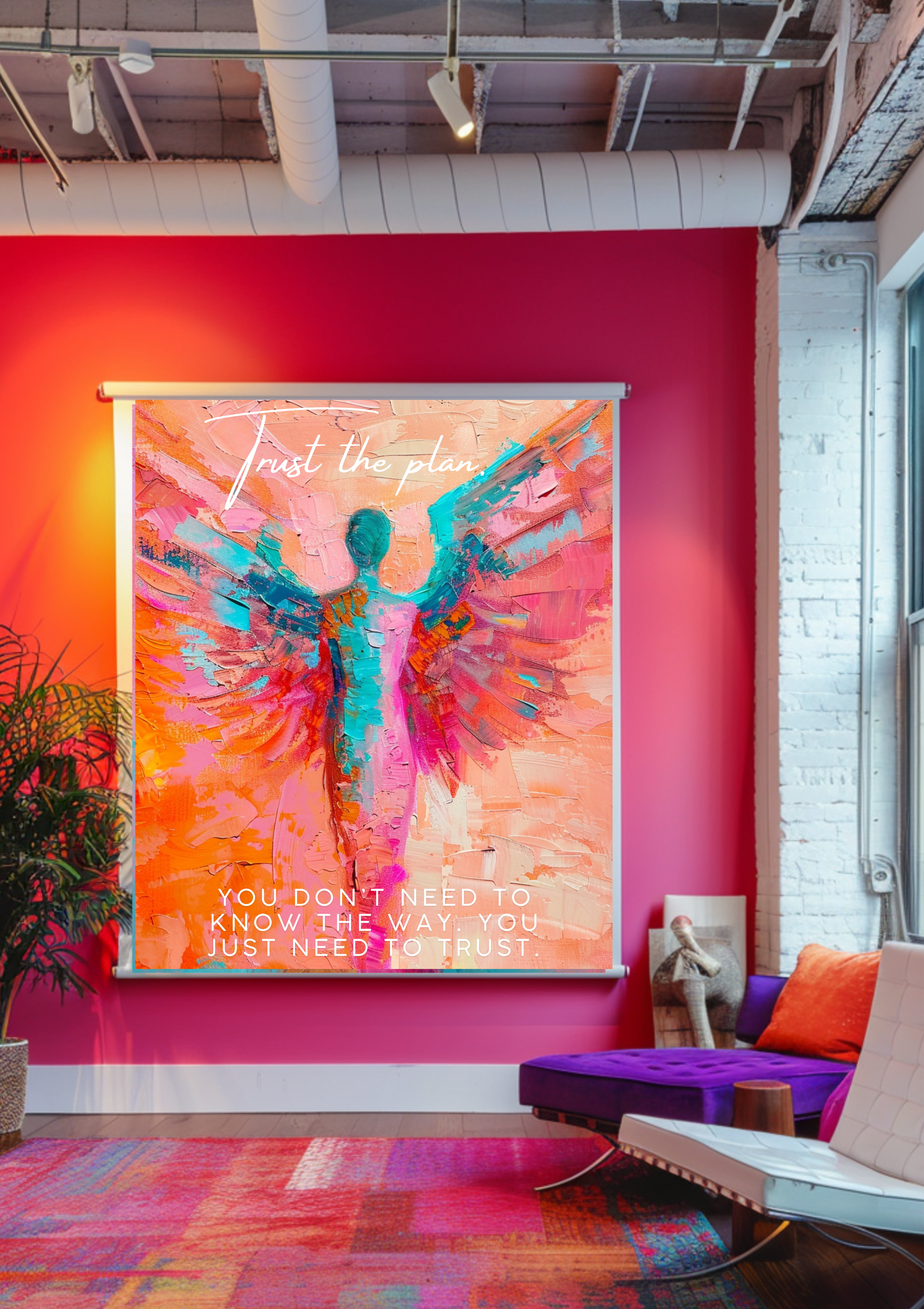 Trust The Plan Engel Poster | Bunte Motivations Wanddeko | Spirituelle Pop Art | Inspirierende Engel Kunst
