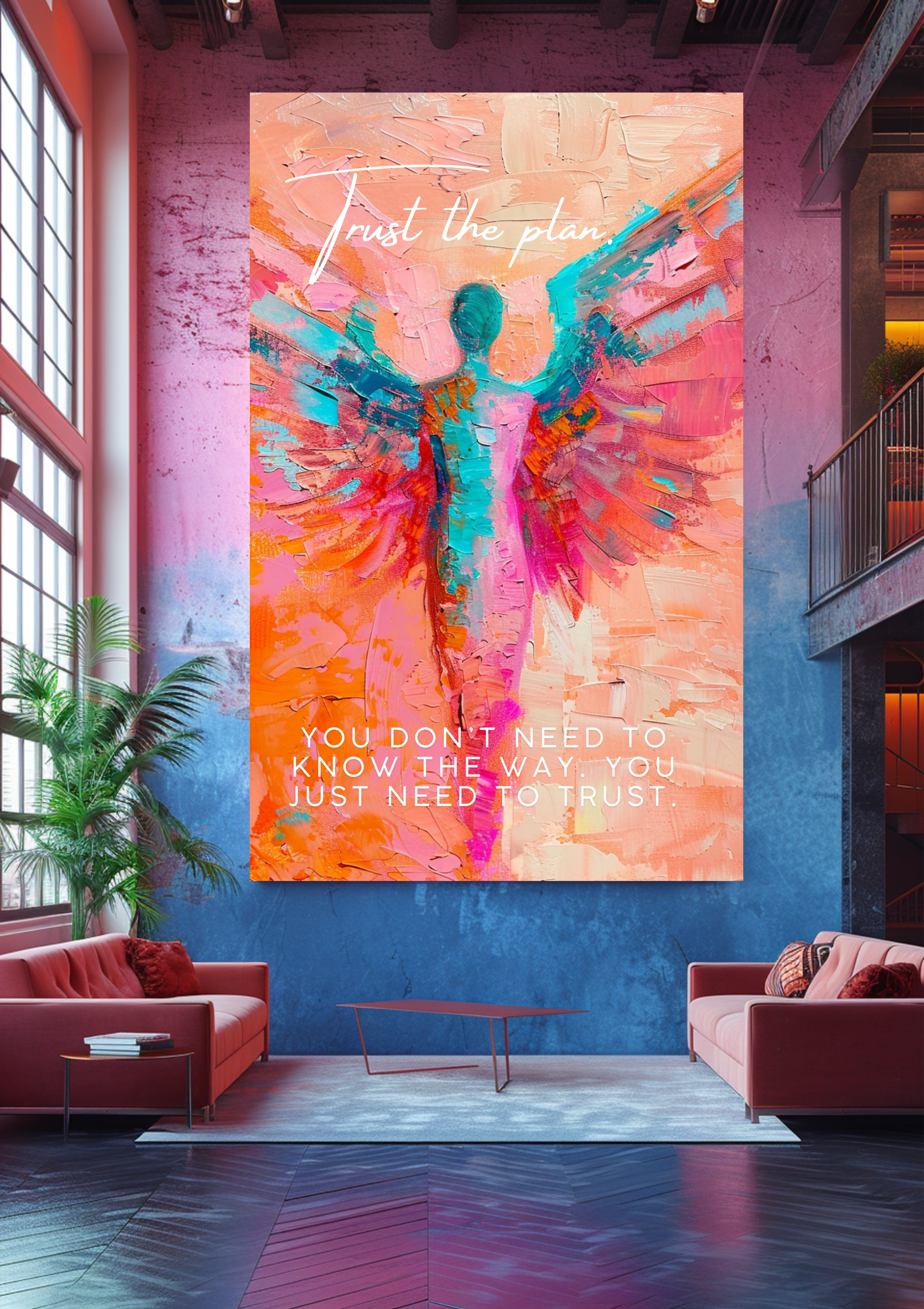 Trust The Plan Engel Poster | Bunte Motivations Wanddeko | Spirituelle Pop Art | Inspirierende Engel Kunst