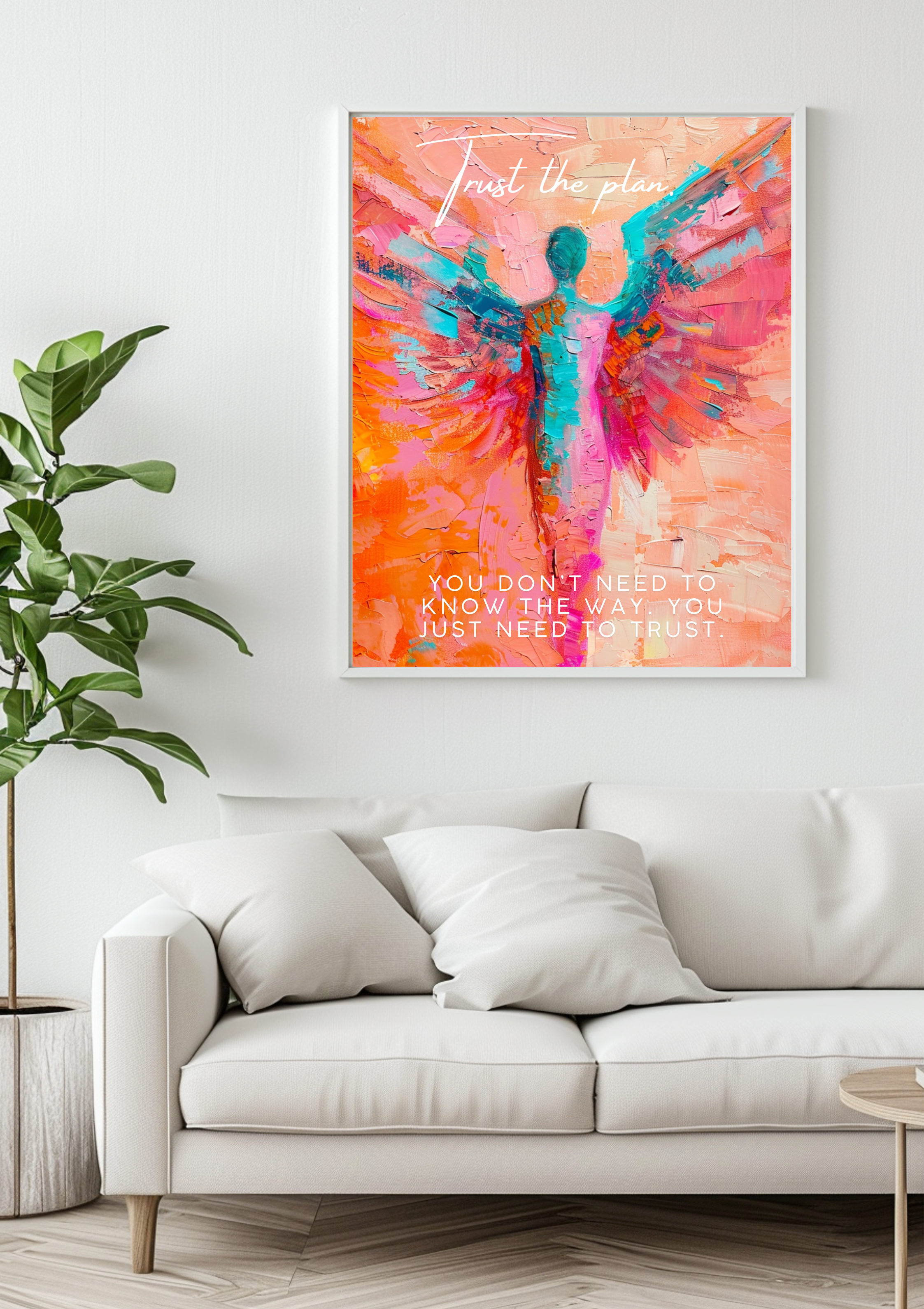 Trust The Plan Engel Poster | Bunte Motivations Wanddeko | Spirituelle Pop Art | Inspirierende Engel Kunst