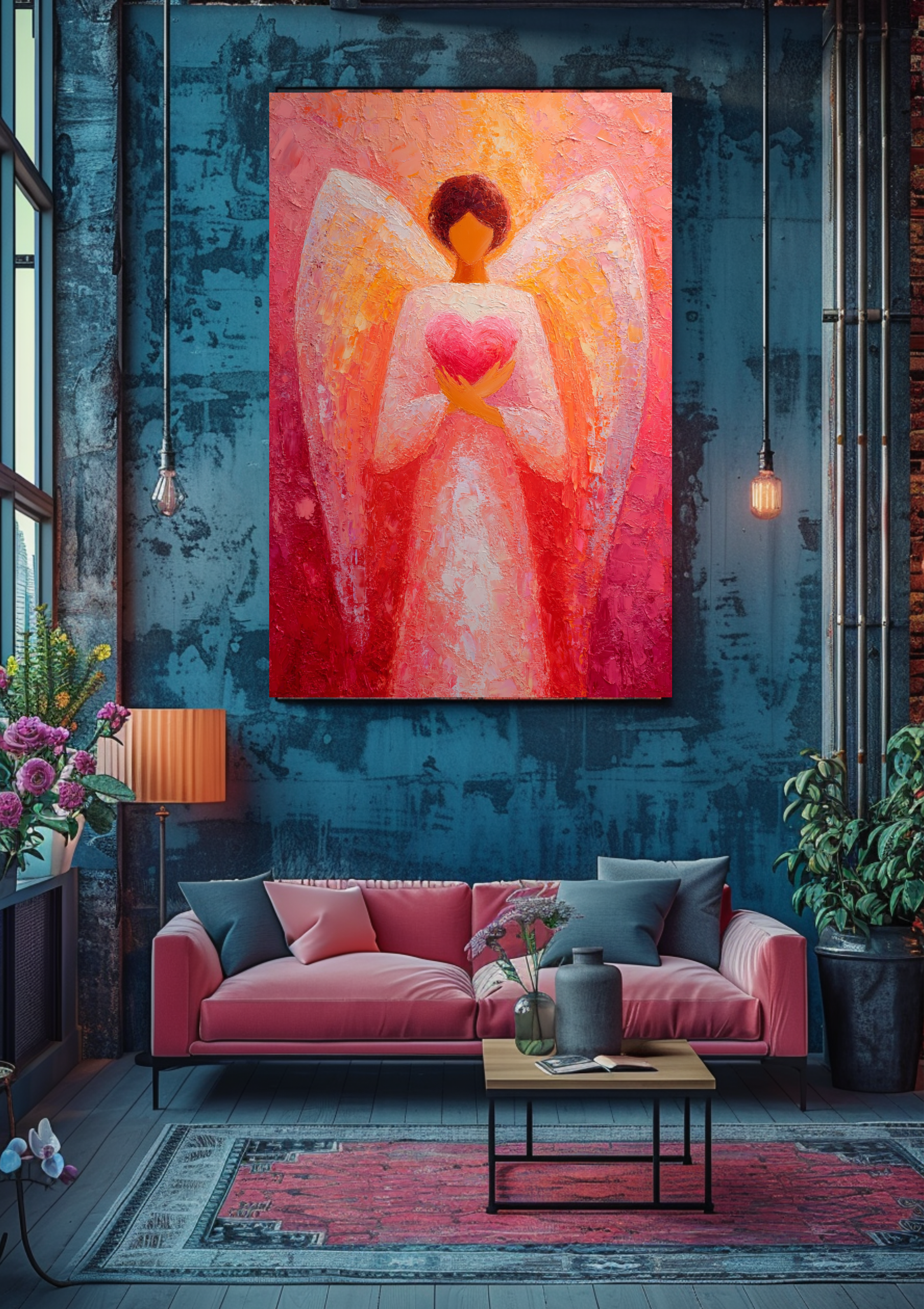 Schutzengel Poster Rot Orange | Herzengel Wandbild | Spirituelle Kunst Druck | Liebe Engel Print | Warme Farben Dekoration | Geschenk