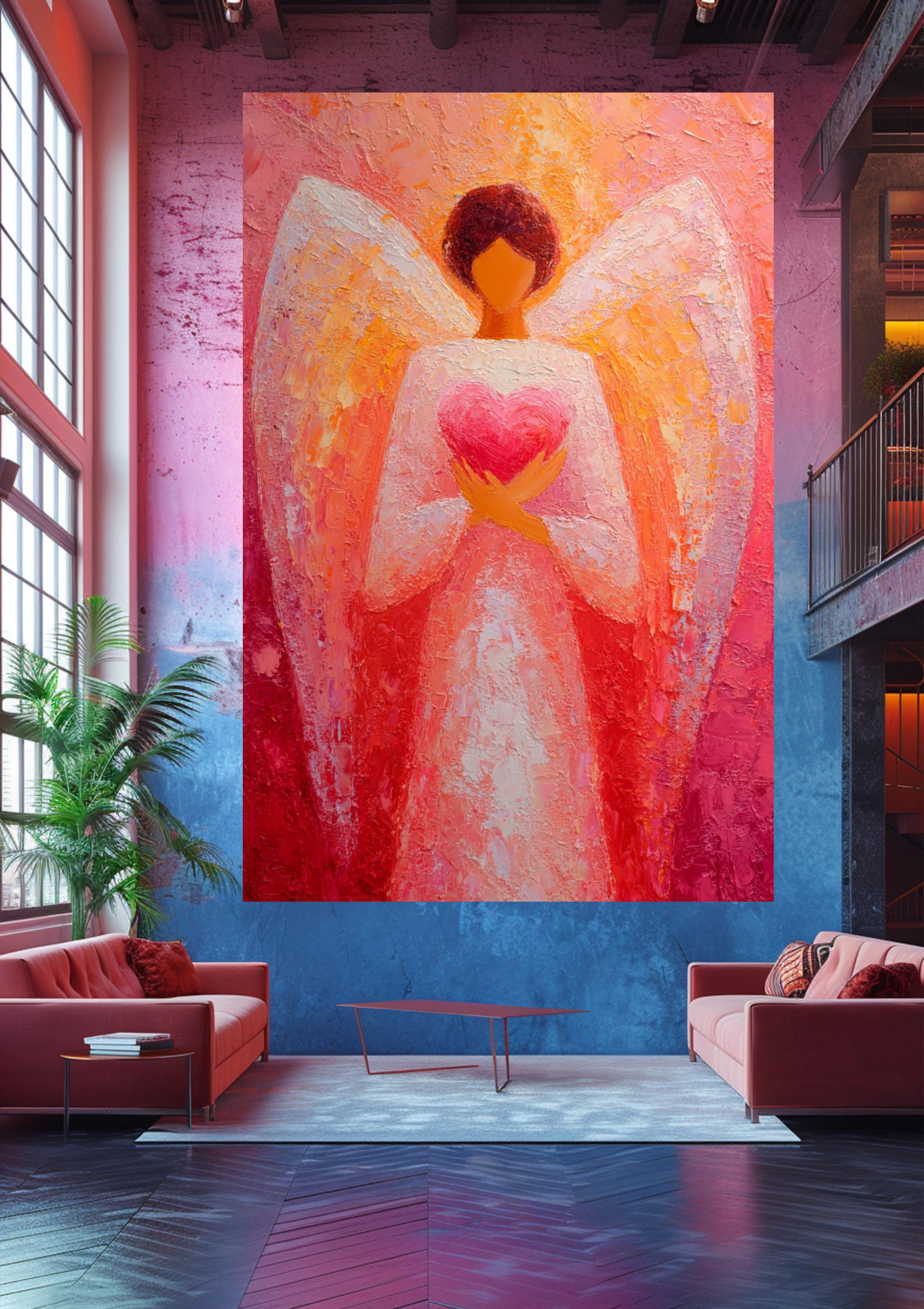 Schutzengel Poster Rot Orange | Herzengel Wandbild | Spirituelle Kunst Druck | Liebe Engel Print | Warme Farben Dekoration | Geschenk