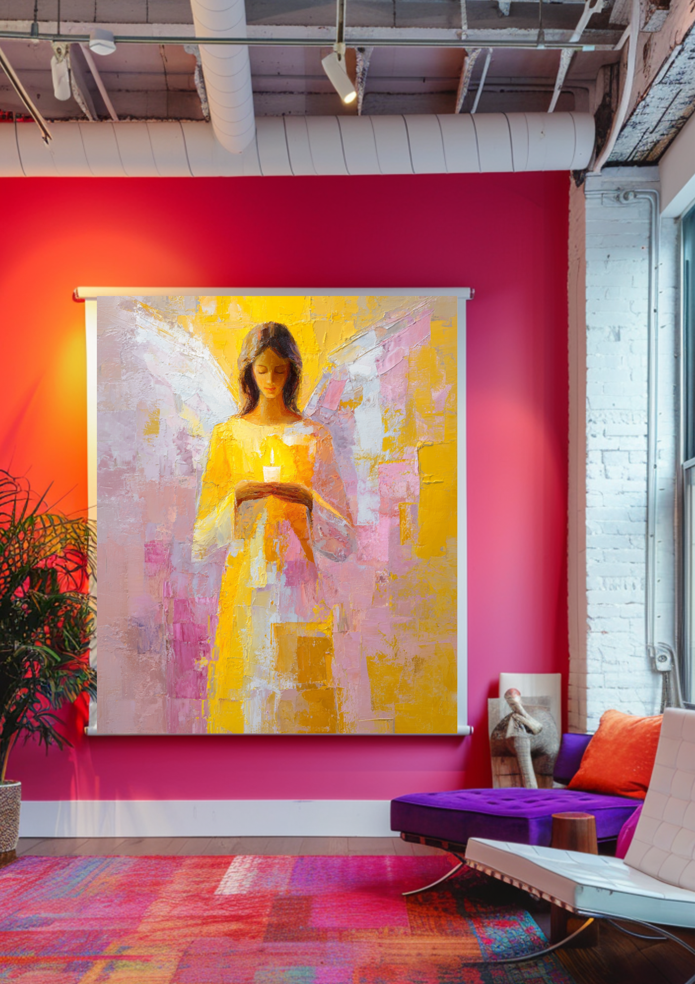 Engel Poster mit Kerze - Schutzengel Wandbild - Spirituelle Kunst in Pastell - Moderne Engel Dekoration