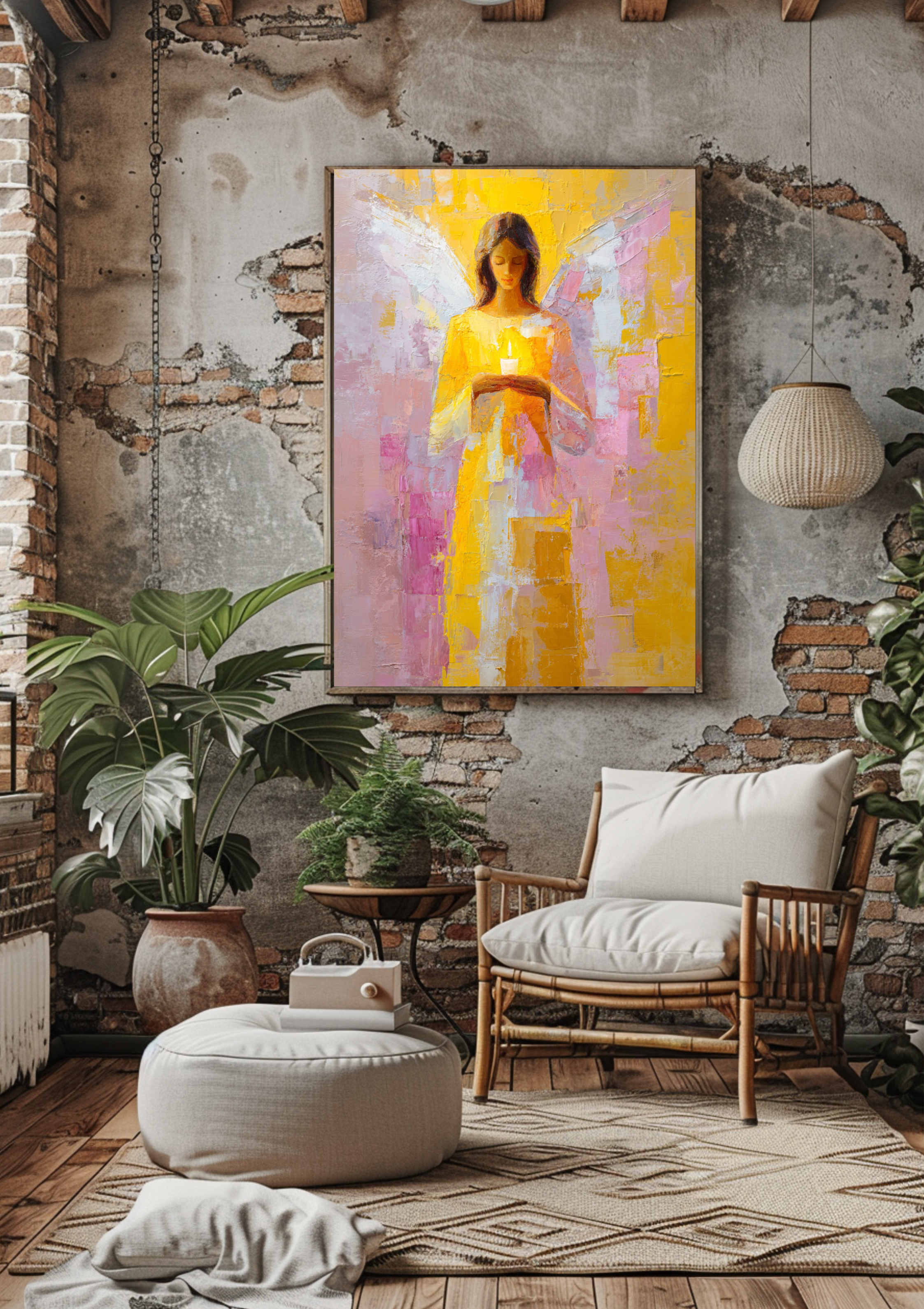 Engel Poster mit Kerze - Schutzengel Wandbild - Spirituelle Kunst in Pastell - Moderne Engel Dekoration