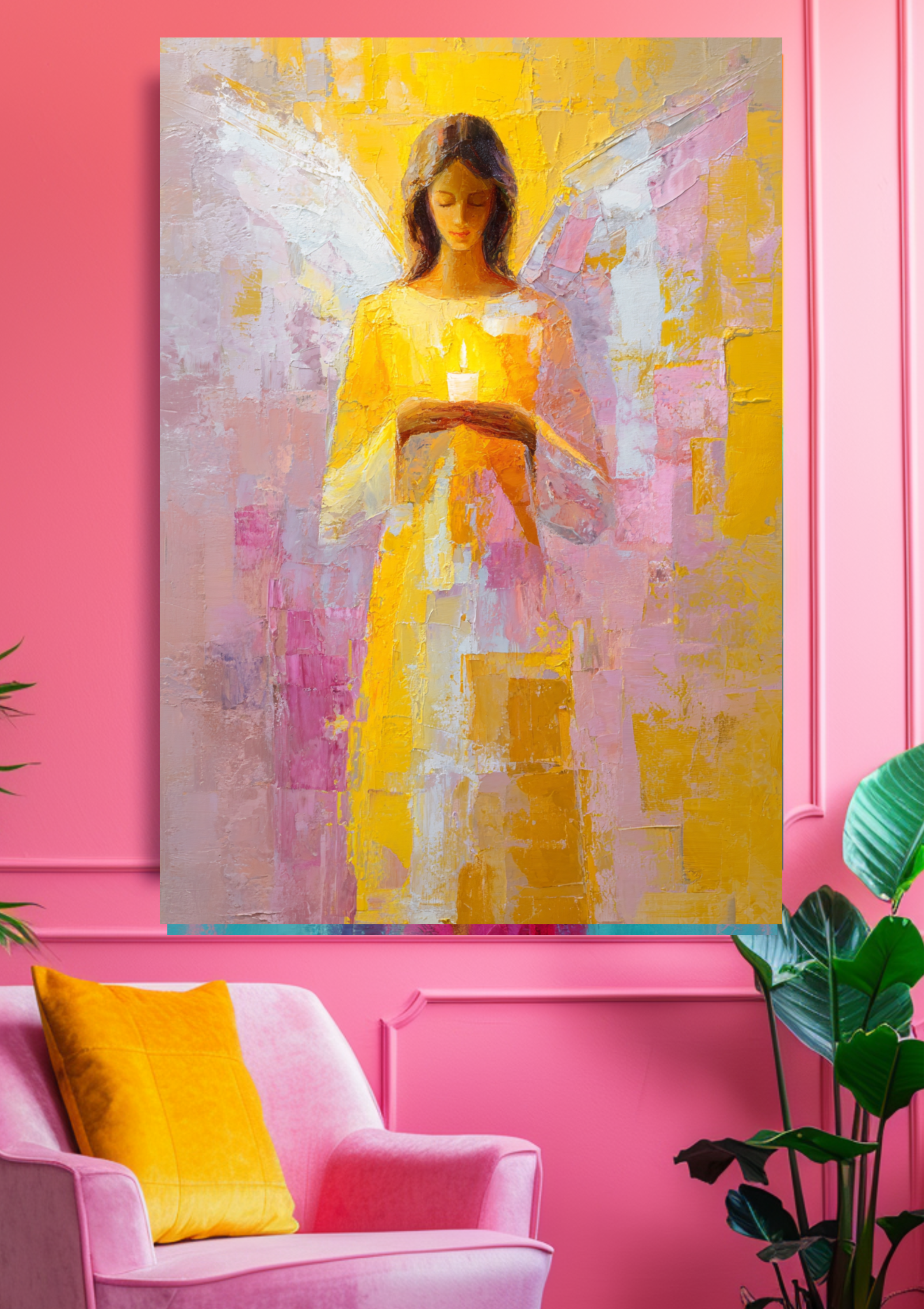 Engel Poster mit Kerze - Schutzengel Wandbild - Spirituelle Kunst in Pastell - Moderne Engel Dekoration