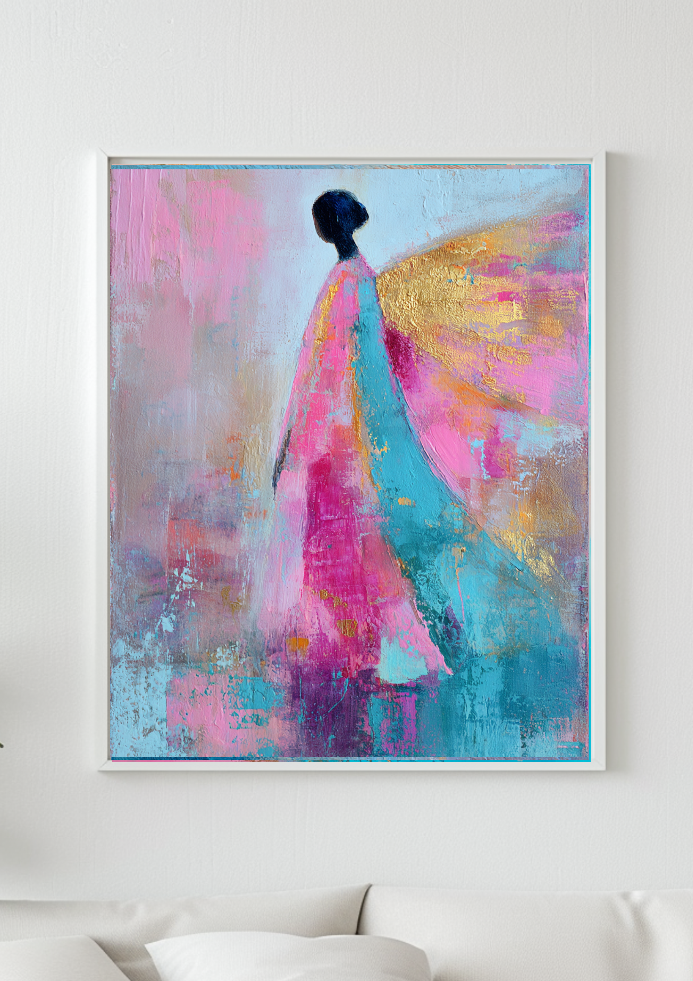 Engel Kunst Poster – Abstraktes spirituelles Wandbild in Rosa, Türkis & Gold | Erzengel Chamuel Energie & Herzheilung