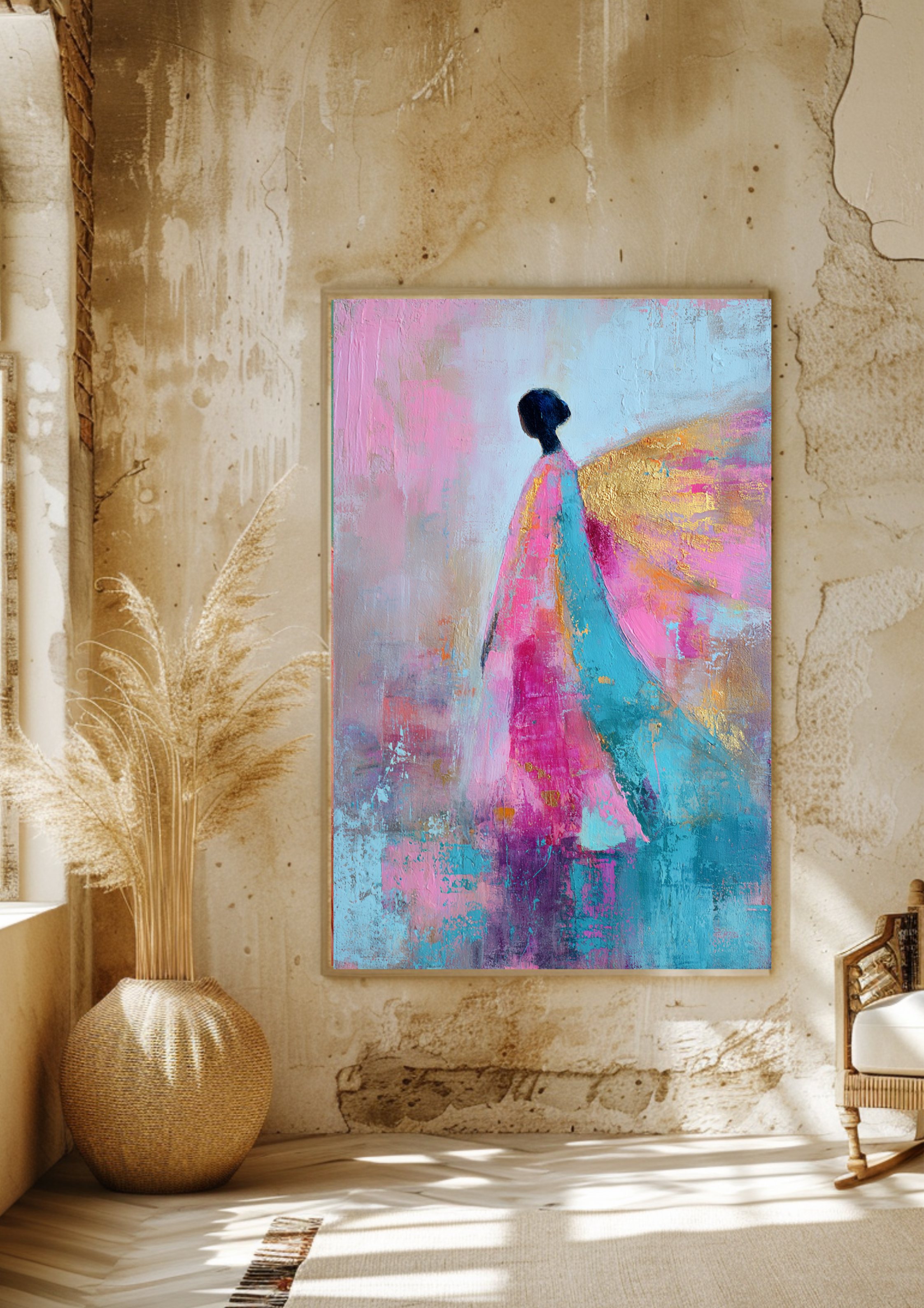 Engel Kunst Poster – Abstraktes spirituelles Wandbild in Rosa, Türkis & Gold | Erzengel Chamuel Energie & Herzheilung