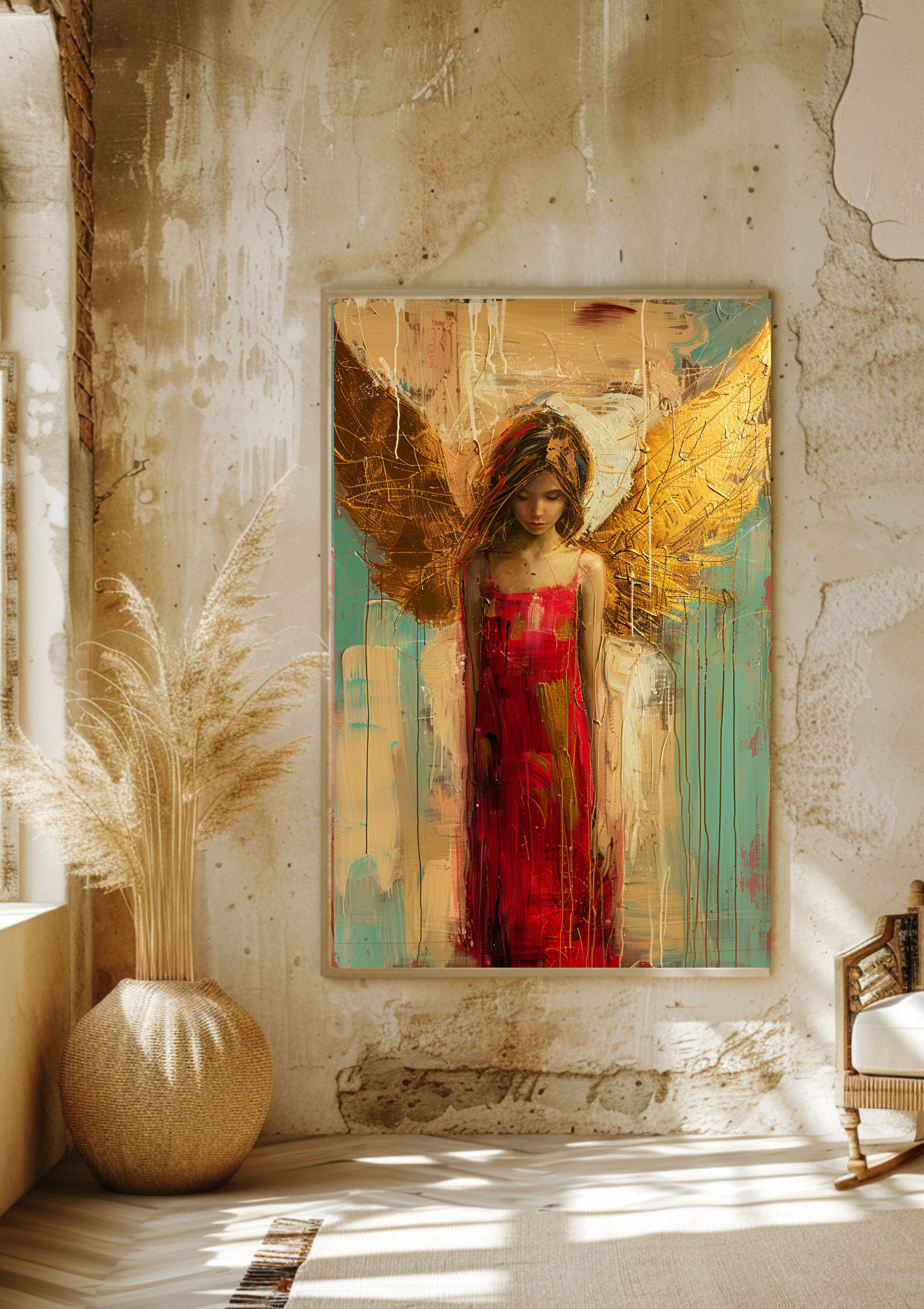 Engel Kunst Poster – Spirituelle Wandkunst in Rot & Gold | Abstraktes Engelsbild voller Energie & Schutz
