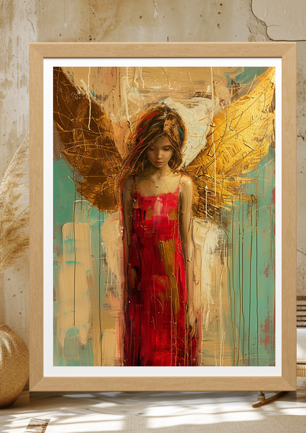 Engel Kunst Poster – Spirituelle Wandkunst in Rot & Gold | Abstraktes Engelsbild voller Energie & Schutz