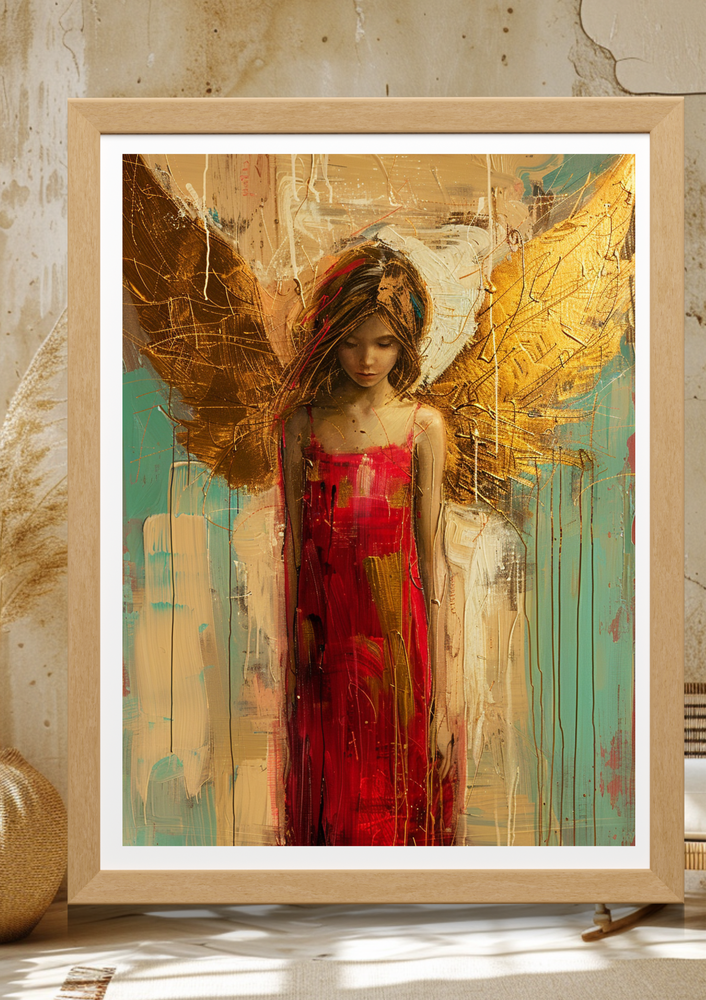 Engel Kunst Poster – Spirituelle Wandkunst in Rot & Gold | Abstraktes Engelsbild voller Energie & Schutz