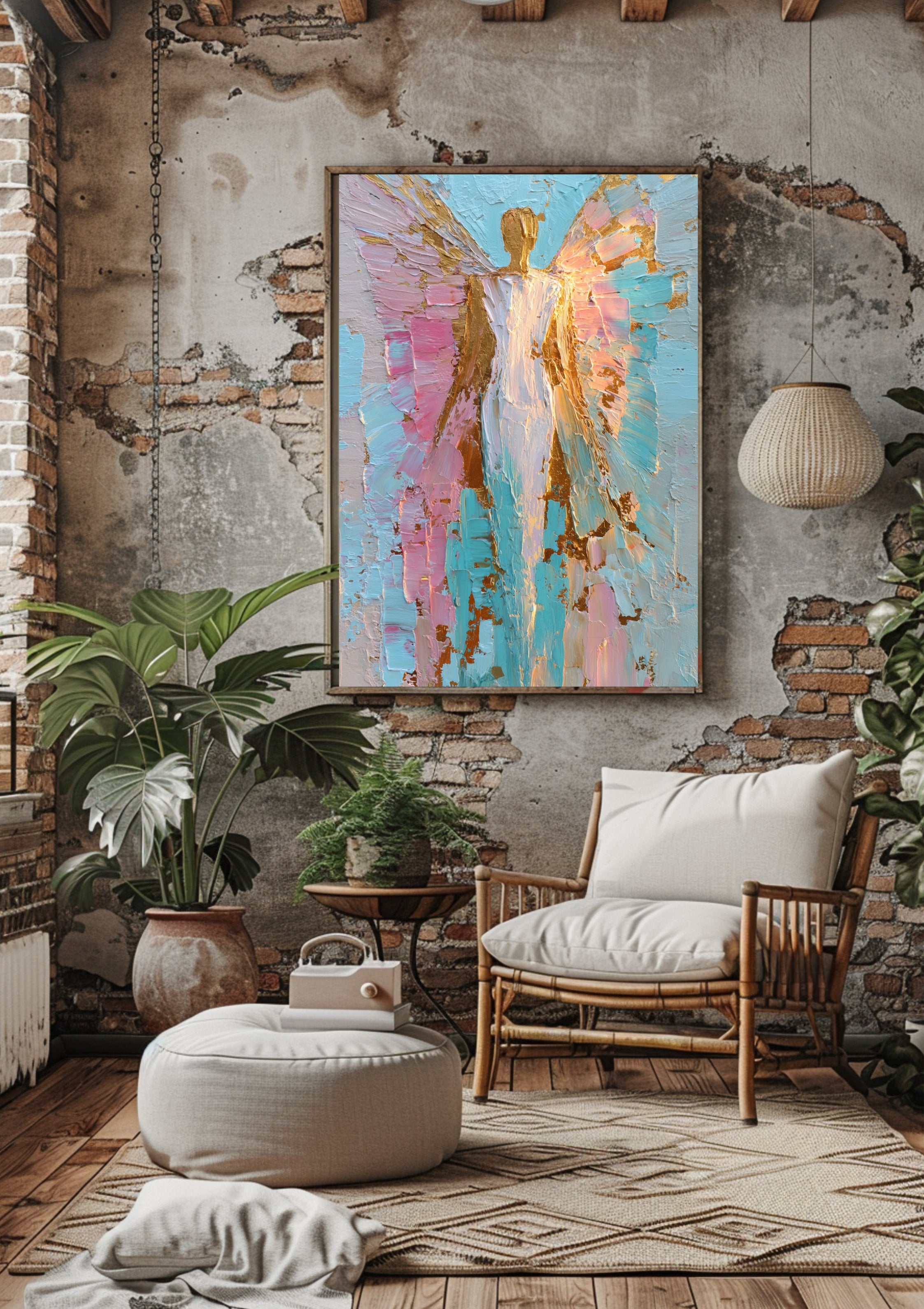 Poster-Engel Wandbild Türkis Gold – Premium Poster moderne Wandkunst Boho Stil