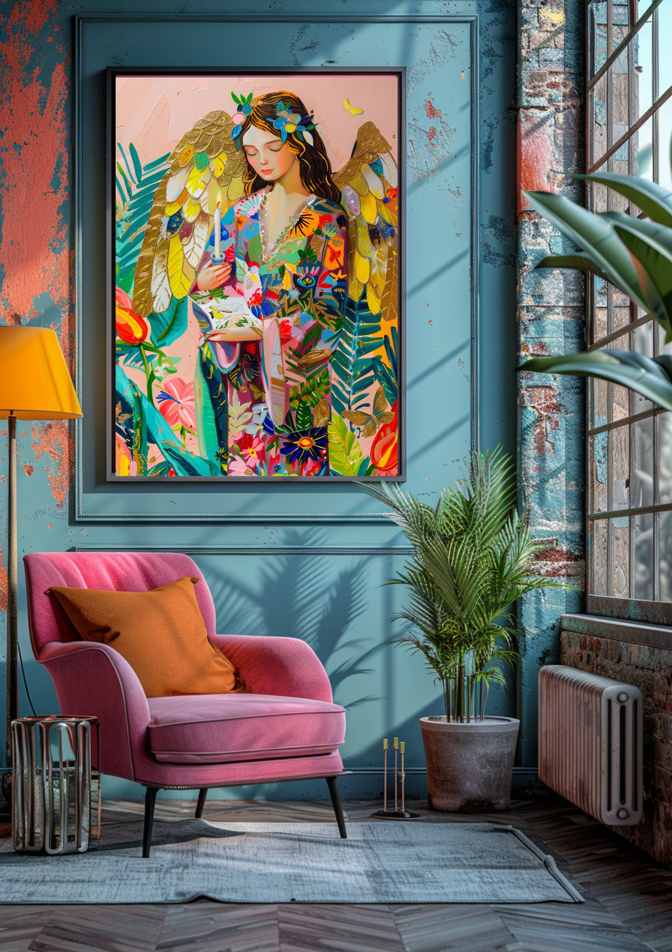 Poster-Engel Poster Boho Goldflügel – Premium Wandkunst mit Blumen Kleid und Kerze für Wohnzimmer Wanddeko ästhetische Kunst