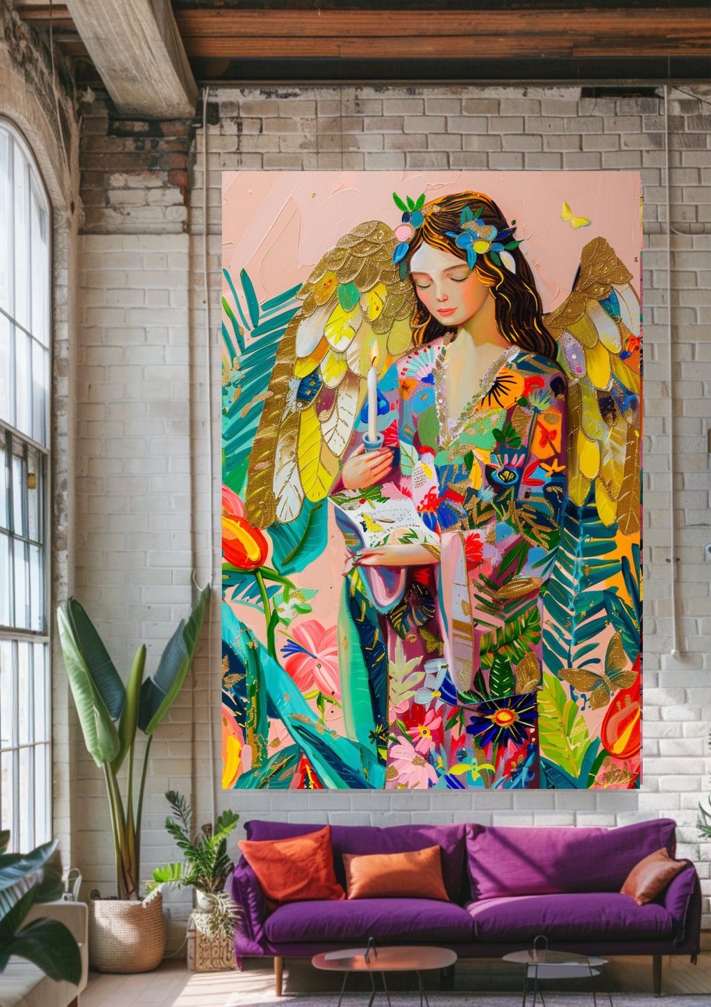 Poster-Engel Poster Boho Goldflügel – Premium Wandkunst mit Blumen Kleid und Kerze für Wohnzimmer Wanddeko ästhetische Kunst