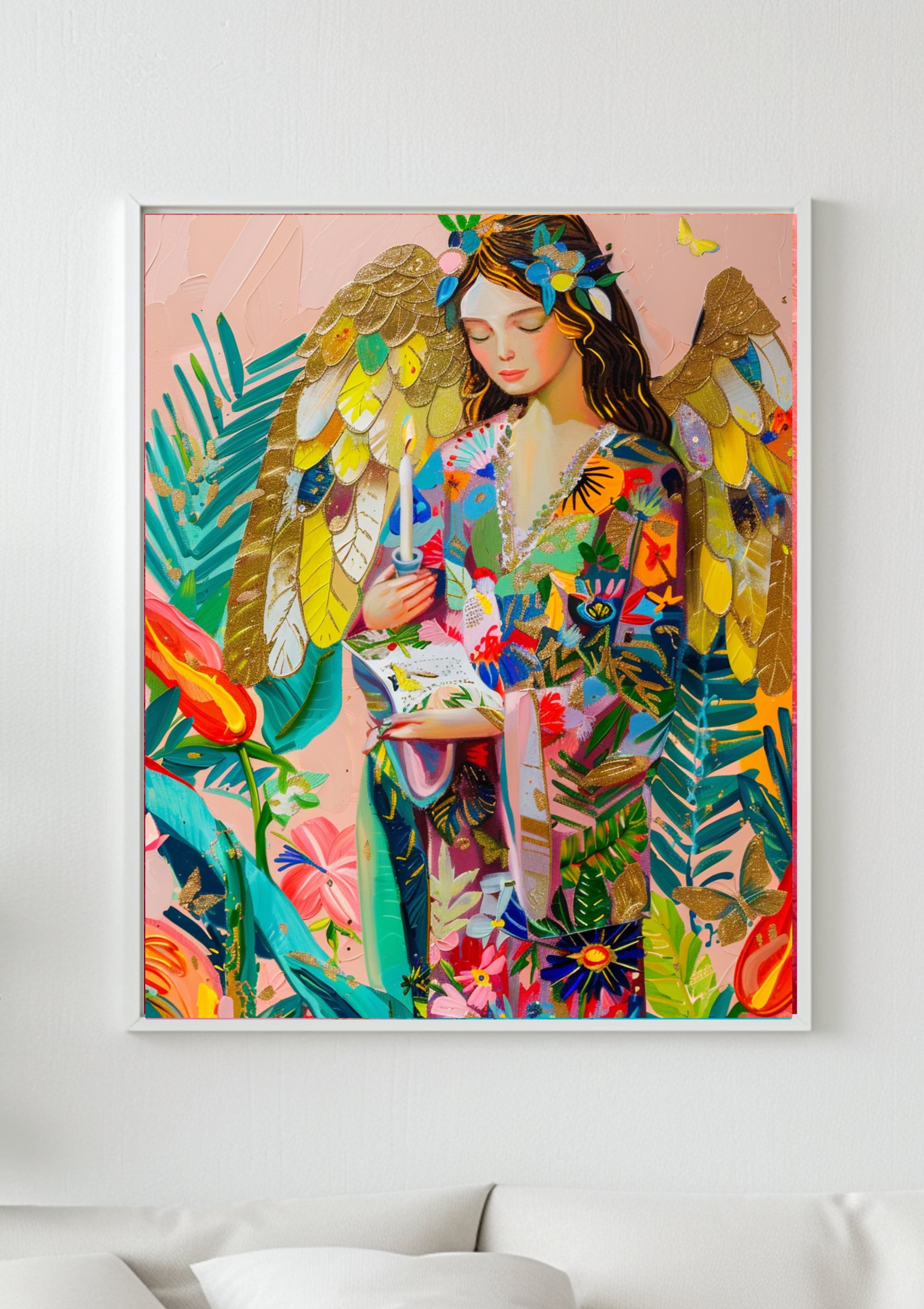 Poster-Engel Poster Boho Goldflügel – Premium Wandkunst mit Blumen Kleid und Kerze für Wohnzimmer Wanddeko ästhetische Kunst