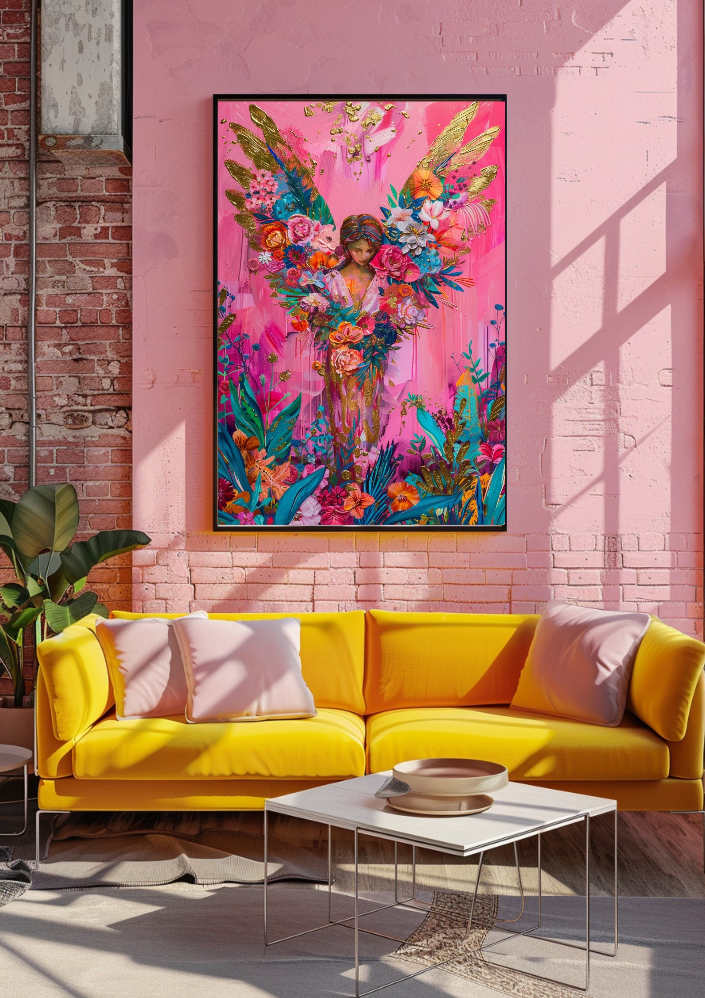 Poster-Engel Poster Pink Floral – Farbstarke Wandkunst mit Blumenflügeln Boho Stil