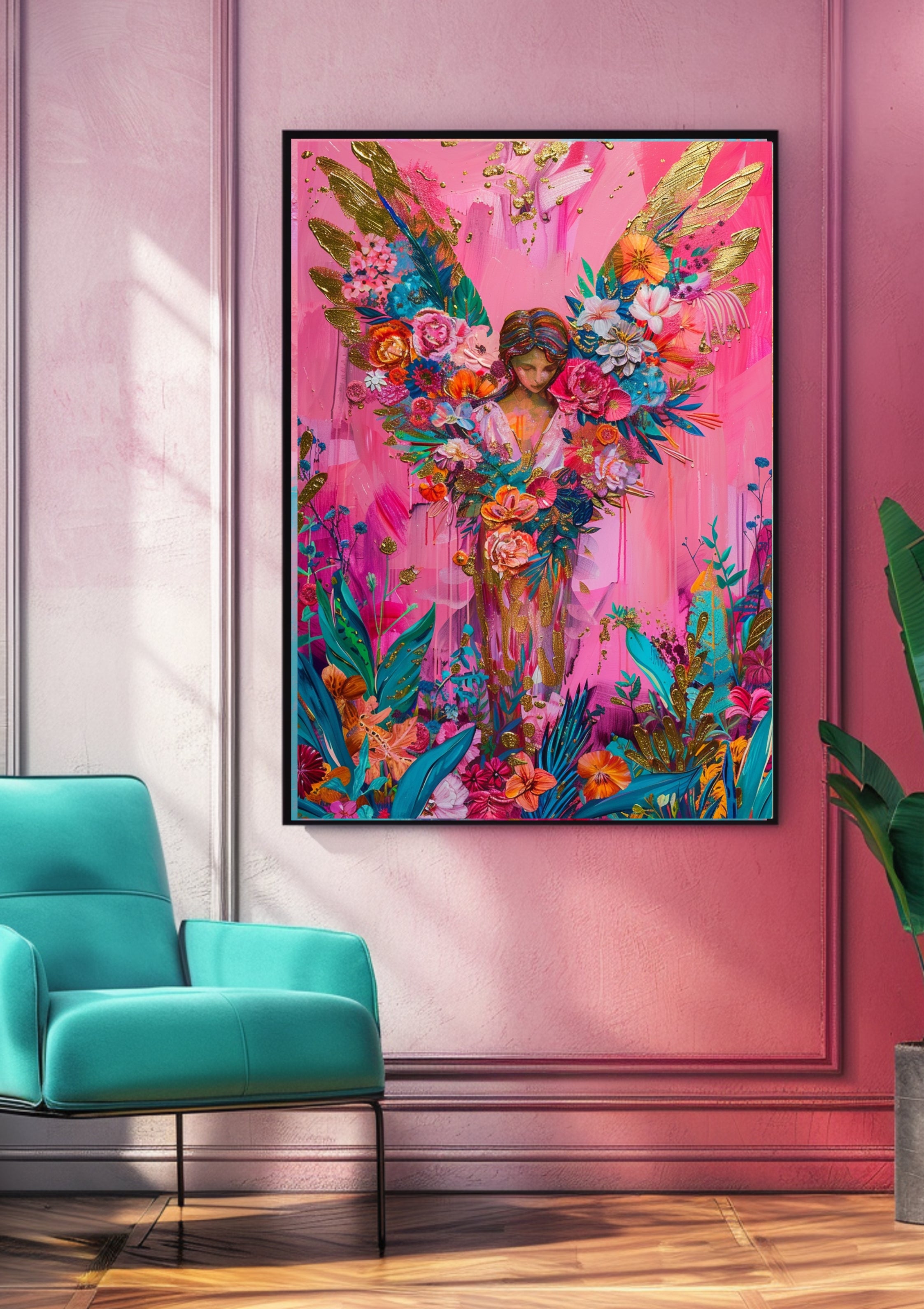 Poster-Engel Poster Pink Floral – Farbstarke Wandkunst mit Blumenflügeln Boho Stil