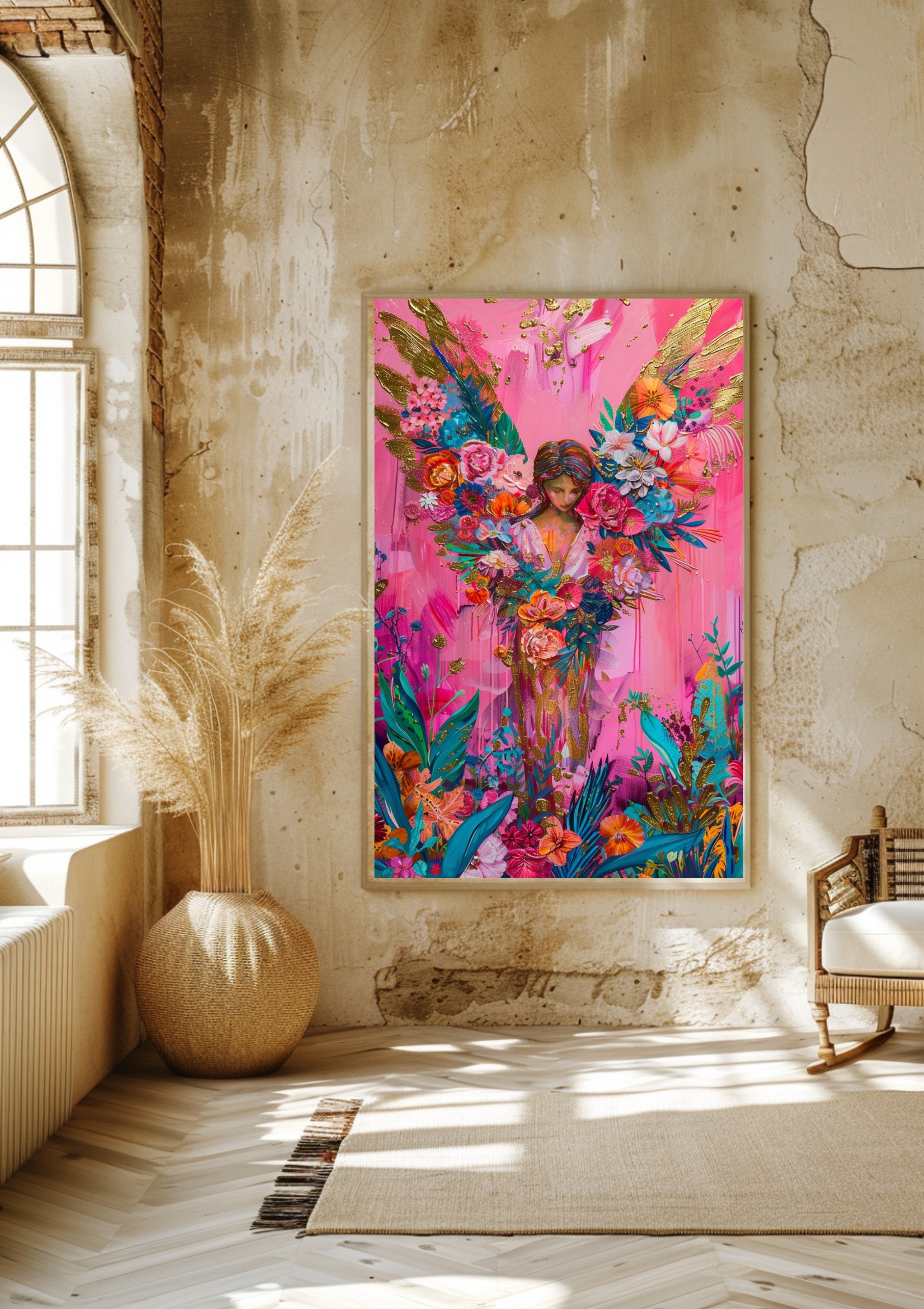 Poster-Engel Poster Pink Floral – Farbstarke Wandkunst mit Blumenflügeln Boho Stil