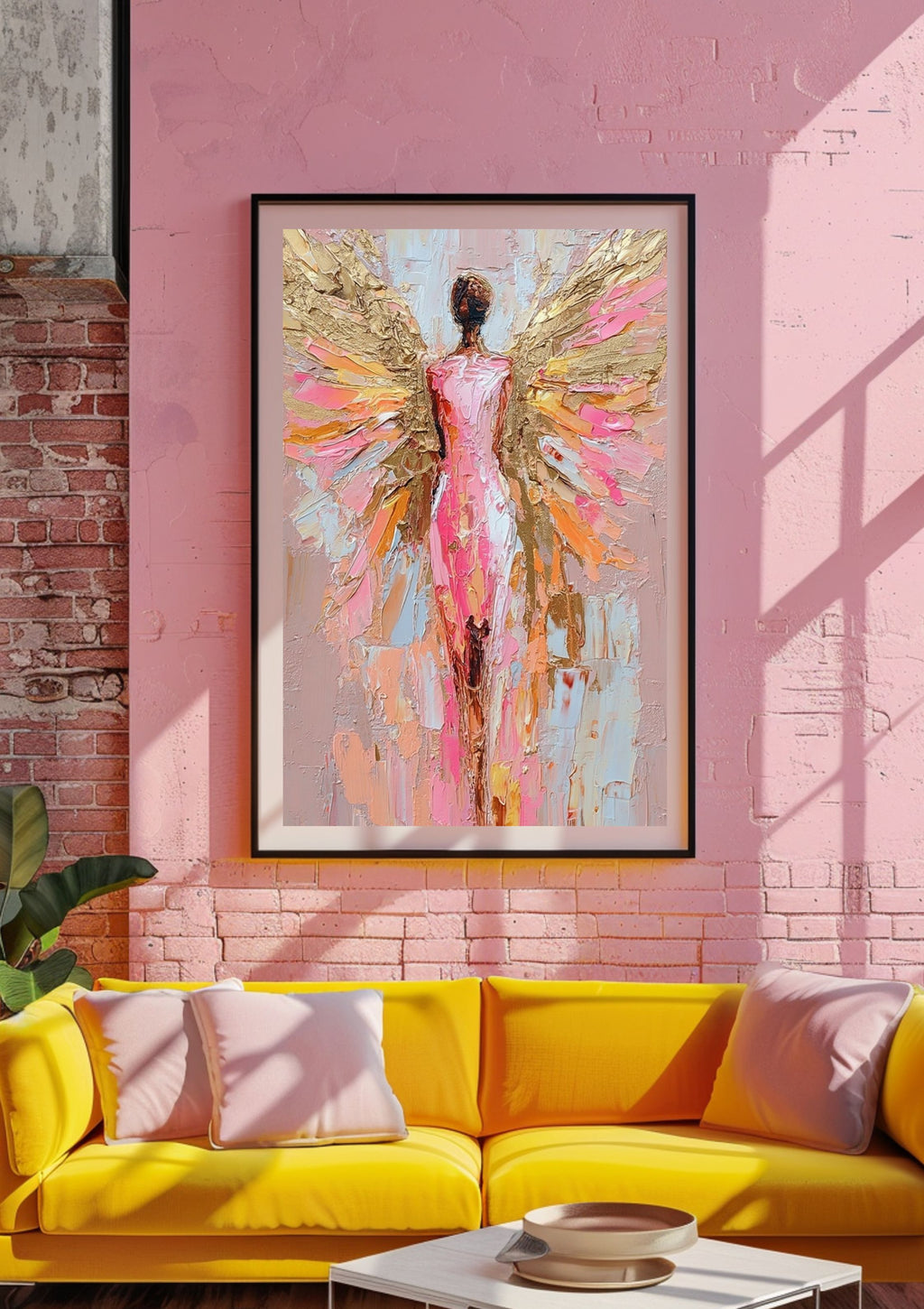 Poster-Engel Wandbild Boho Gold – Premium Poster moderne Wandkunst mit Blumen und Engelsflügeln für Wohnzimmer Deko