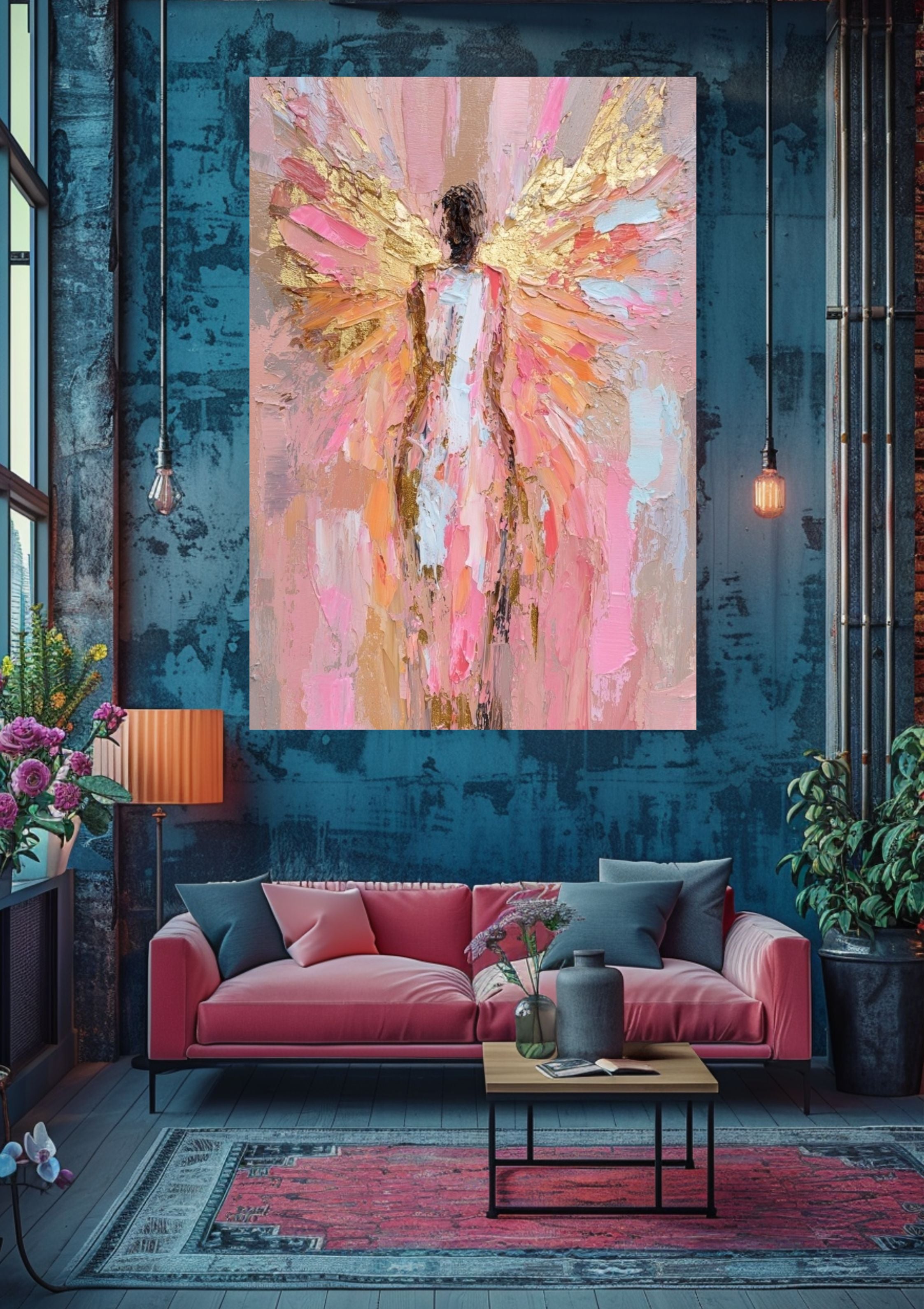 Poster-Engel Wandbild Boho Gold – Premium Poster moderne Wandkunst mit Blumen und Engelsflügeln für Wohnzimmer Deko