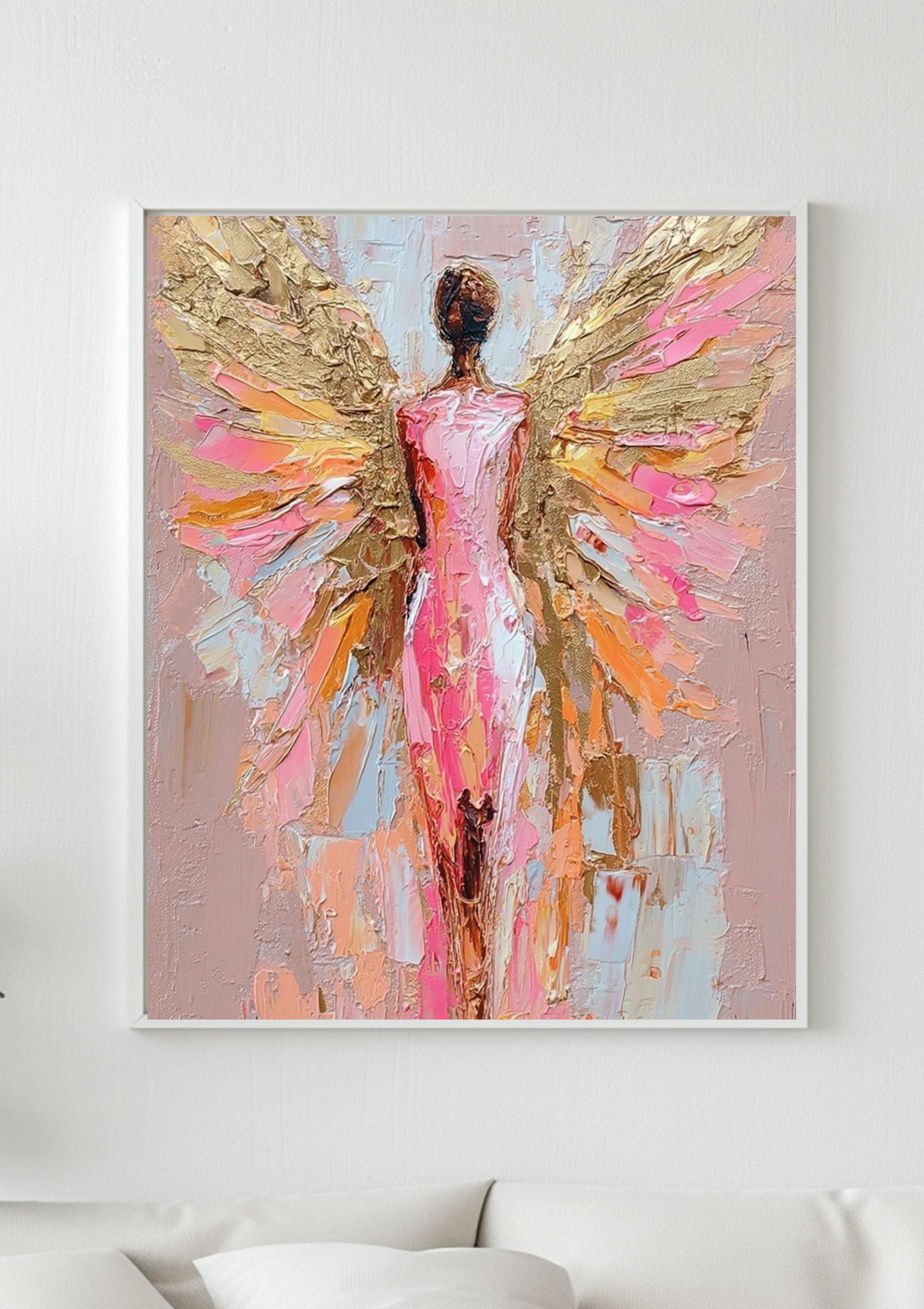 Poster-Engel Wandbild Boho Gold – Premium Poster moderne Wandkunst mit Blumen und Engelsflügeln für Wohnzimmer Deko