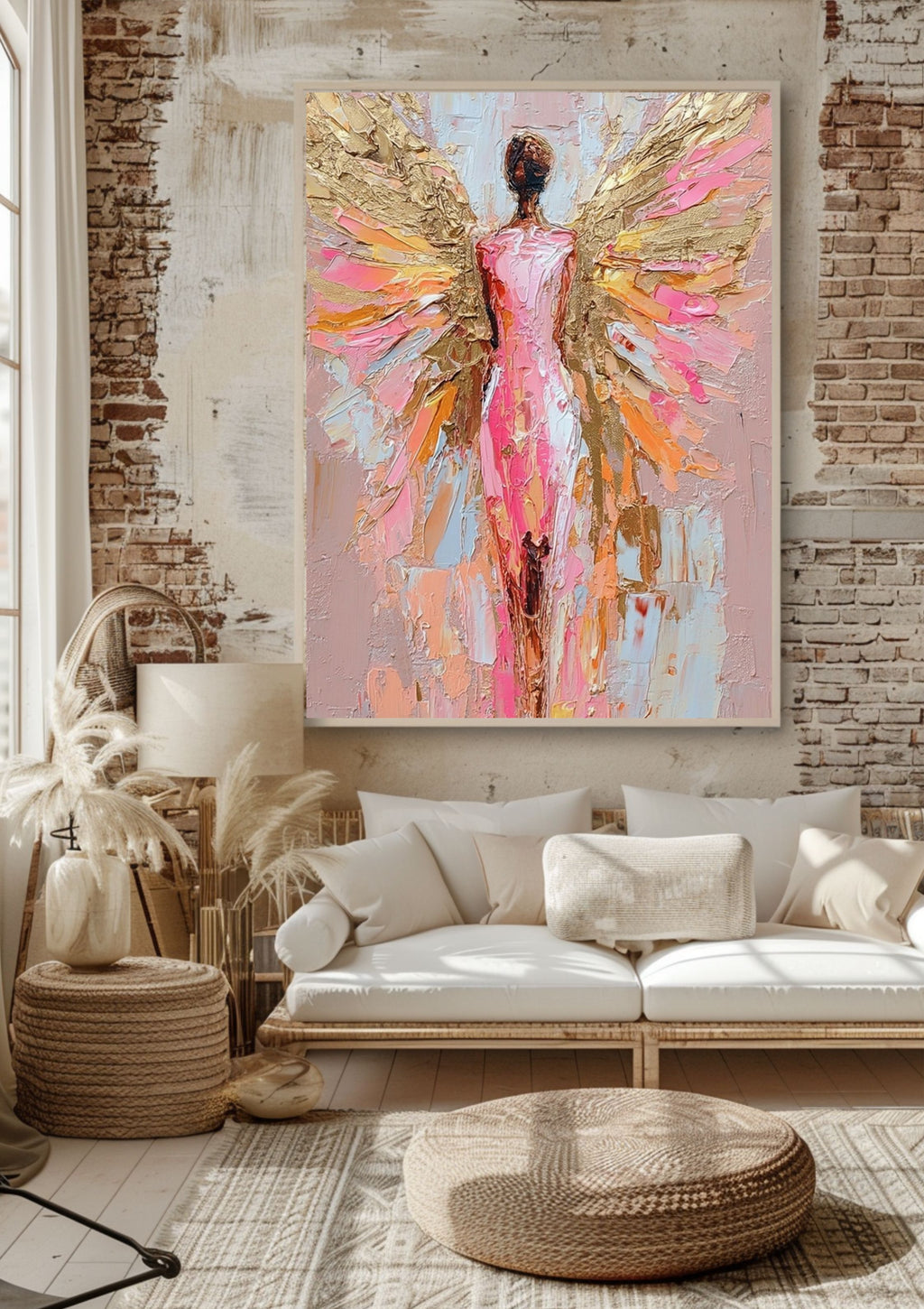 Poster-Engel Wandbild Boho Gold – Premium Poster moderne Wandkunst mit Blumen und Engelsflügeln für Wohnzimmer Deko