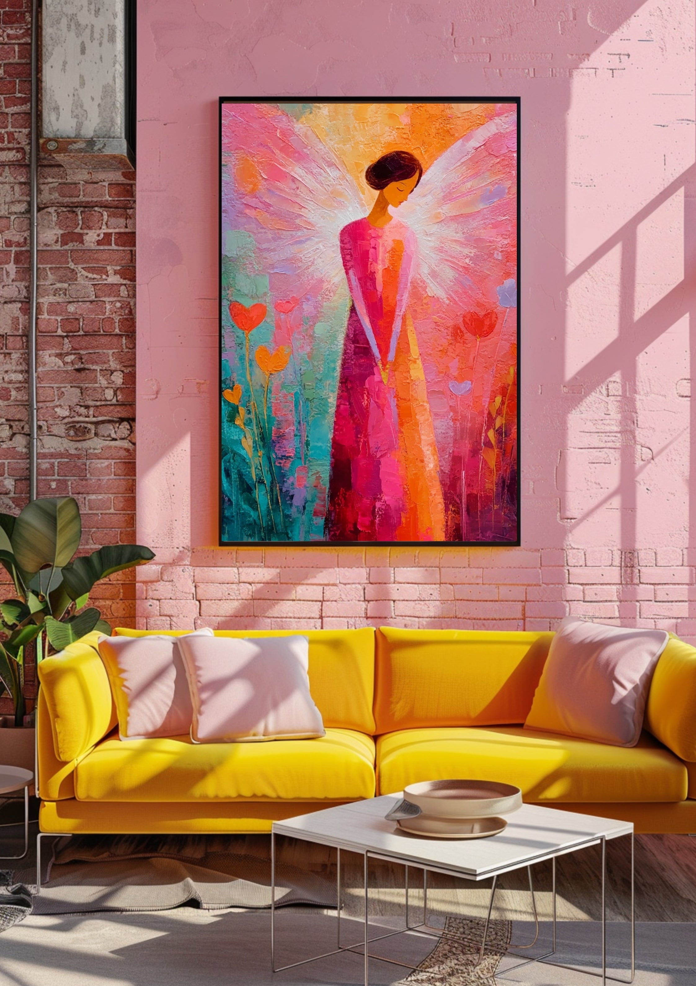 Poster-Engel Poster Wandbild, Modernes Engelsbild mit Herz, Abstrakte Kunst in Pink Orange Türkis, Spirituelle Wanddekoration, Wohnzimmer Deko