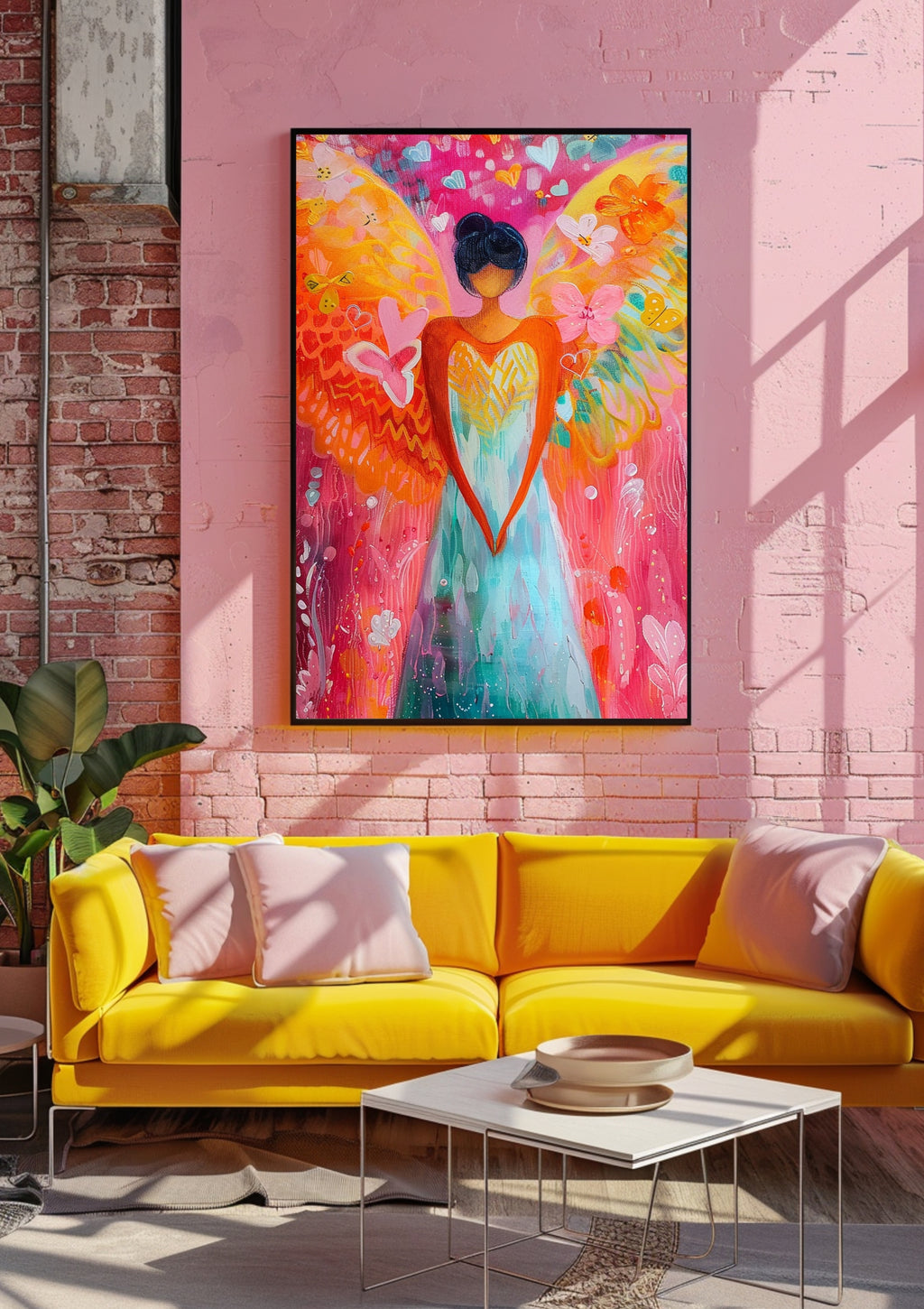 Poster-Engel Poster Wandbild, Abstraktes Engelsbild mit Herz, Pink Orange Türkis Kunst, Spirituelle Wanddekoration, Moderne Wohnzimmer Deko