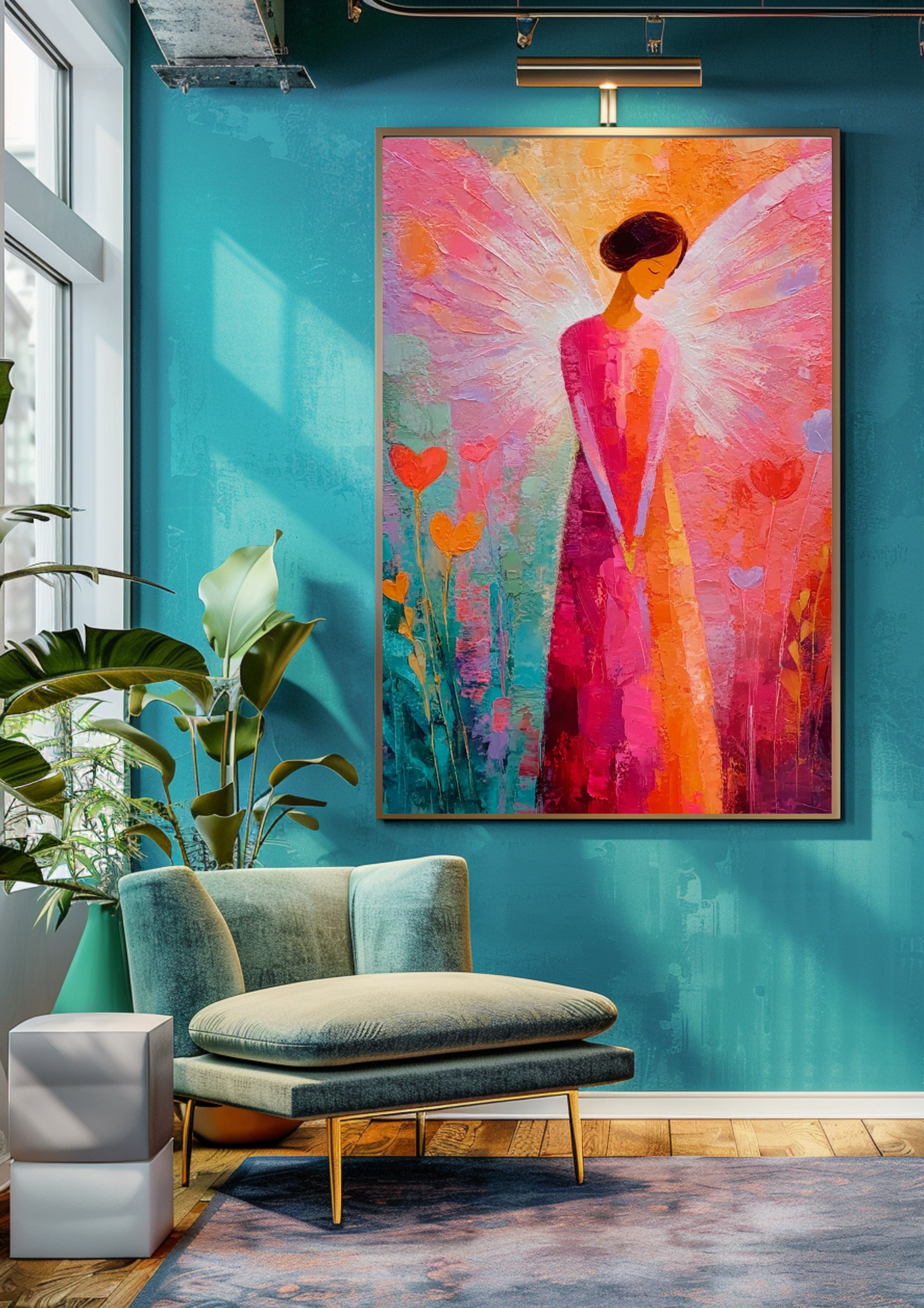 Poster-Engel Poster Wandbild, Modernes Engelsbild mit Herz, Abstrakte Kunst in Pink Orange Türkis, Spirituelle Wanddekoration, Wohnzimmer Deko